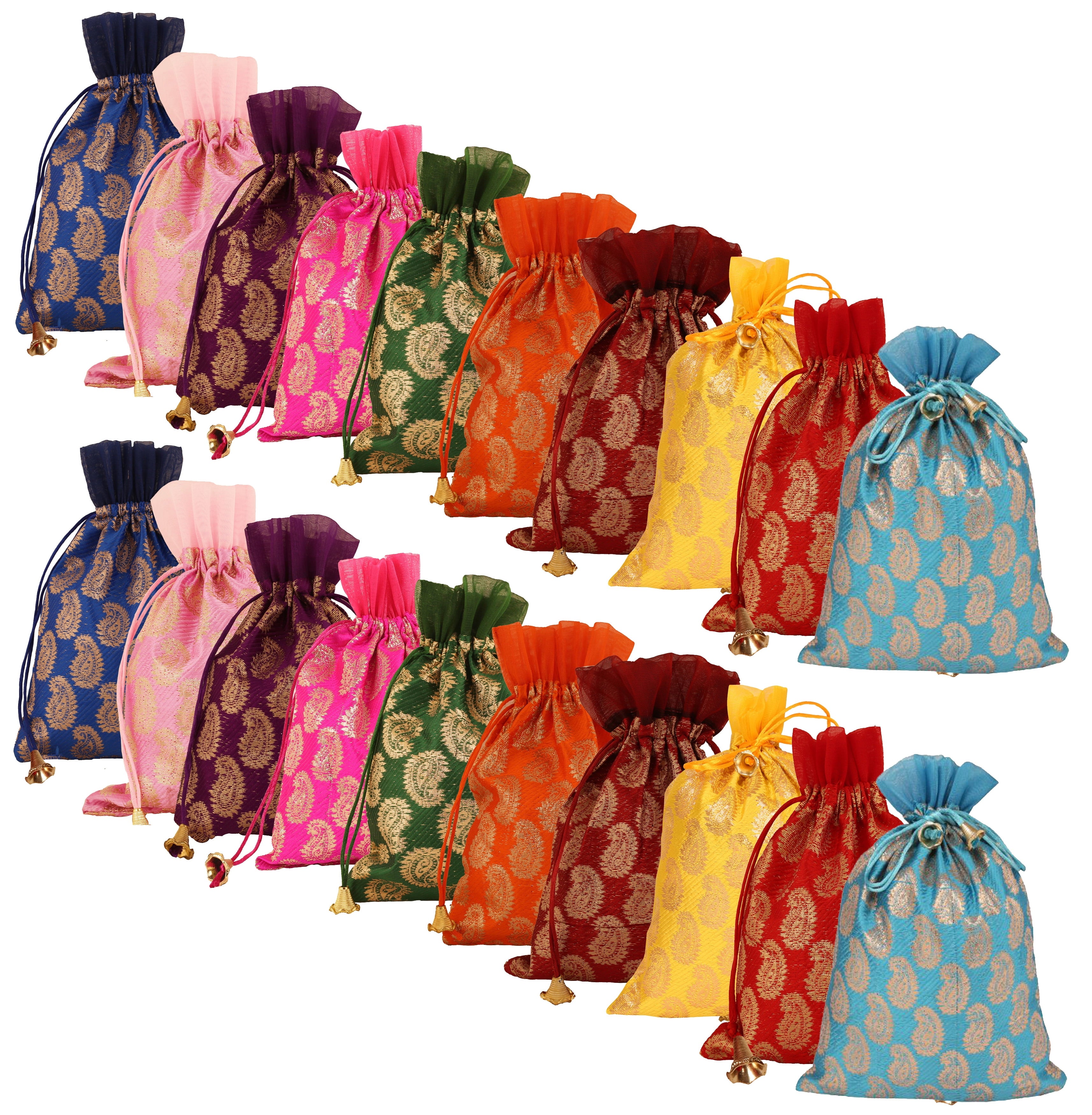 Sunsoul by Touchstone New Gorgeous Indian Traditional Paisley Brocade Large Drawstring Bags Pouches Potli For Gift Wedding Jewelry Packaging Bridal Party Favors Assorted Colors Set Of 20 For Women.