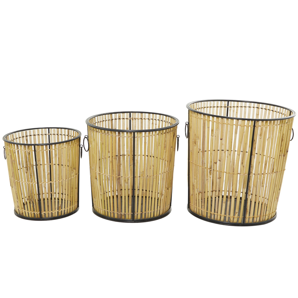 DecMode 20", 18", 15"H Light Brown Rattan Handmade Slatted Frame Storage Basket with Ring Handles, 3-Pieces
