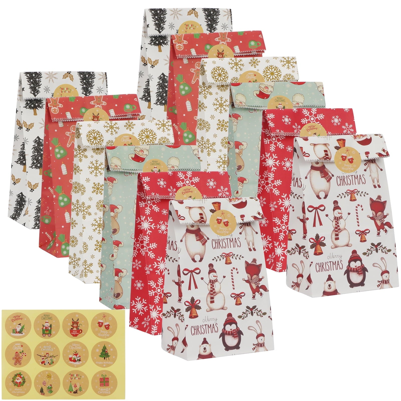 Toplive Christmas Paper Bags, [12 Pack ]Party Gift Candy Treat Bag 6 Patterns Christmas Gift Bags with 12 Pcs Christmas Label Stickers for Party Favors, Holiday Goodie Wrapping