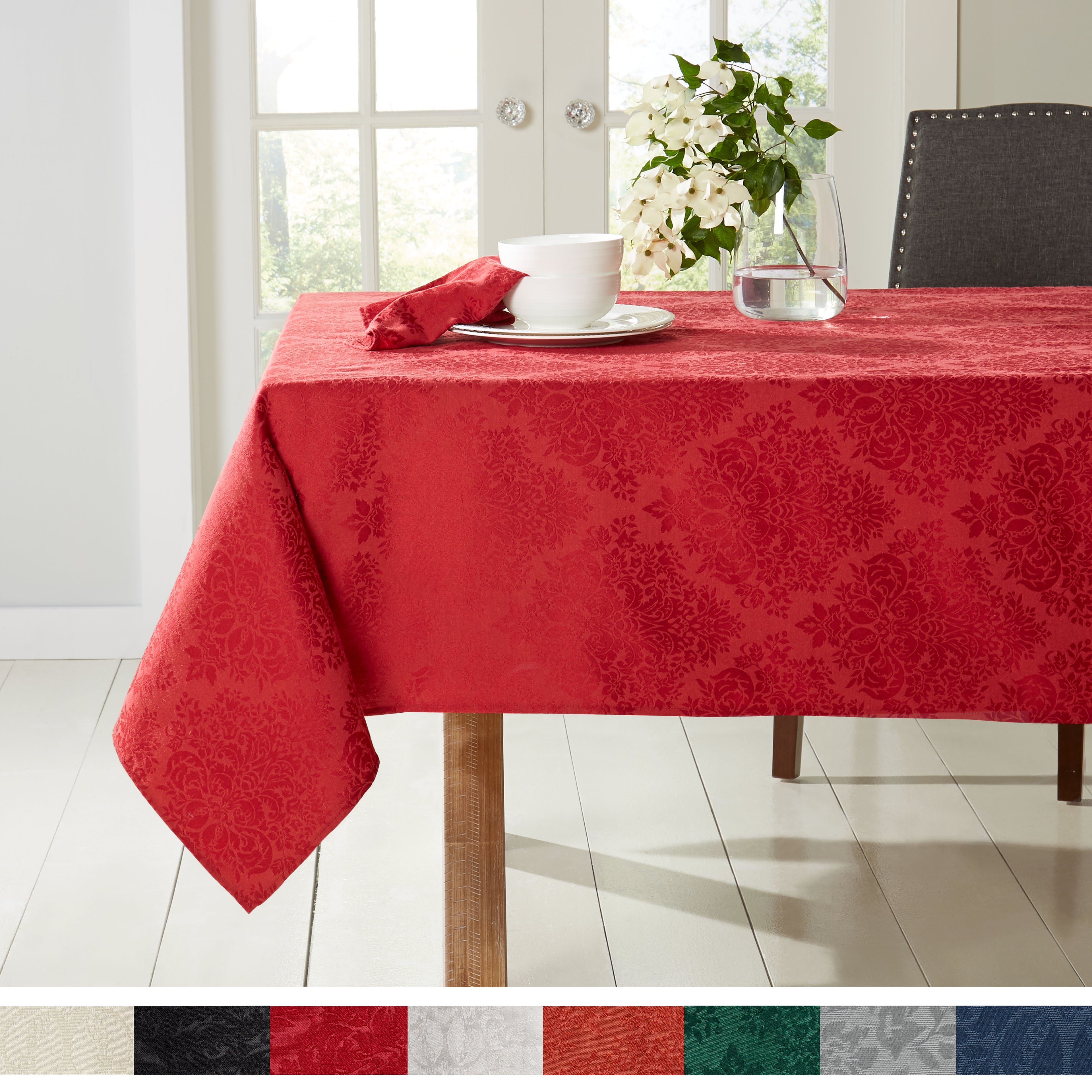 Town & Country Living Lexington Damask Tablecloth-Traditional/Stain Resistant/Machine Washable/Cotton Polyester Blend, 60"x102" Rectangle Red