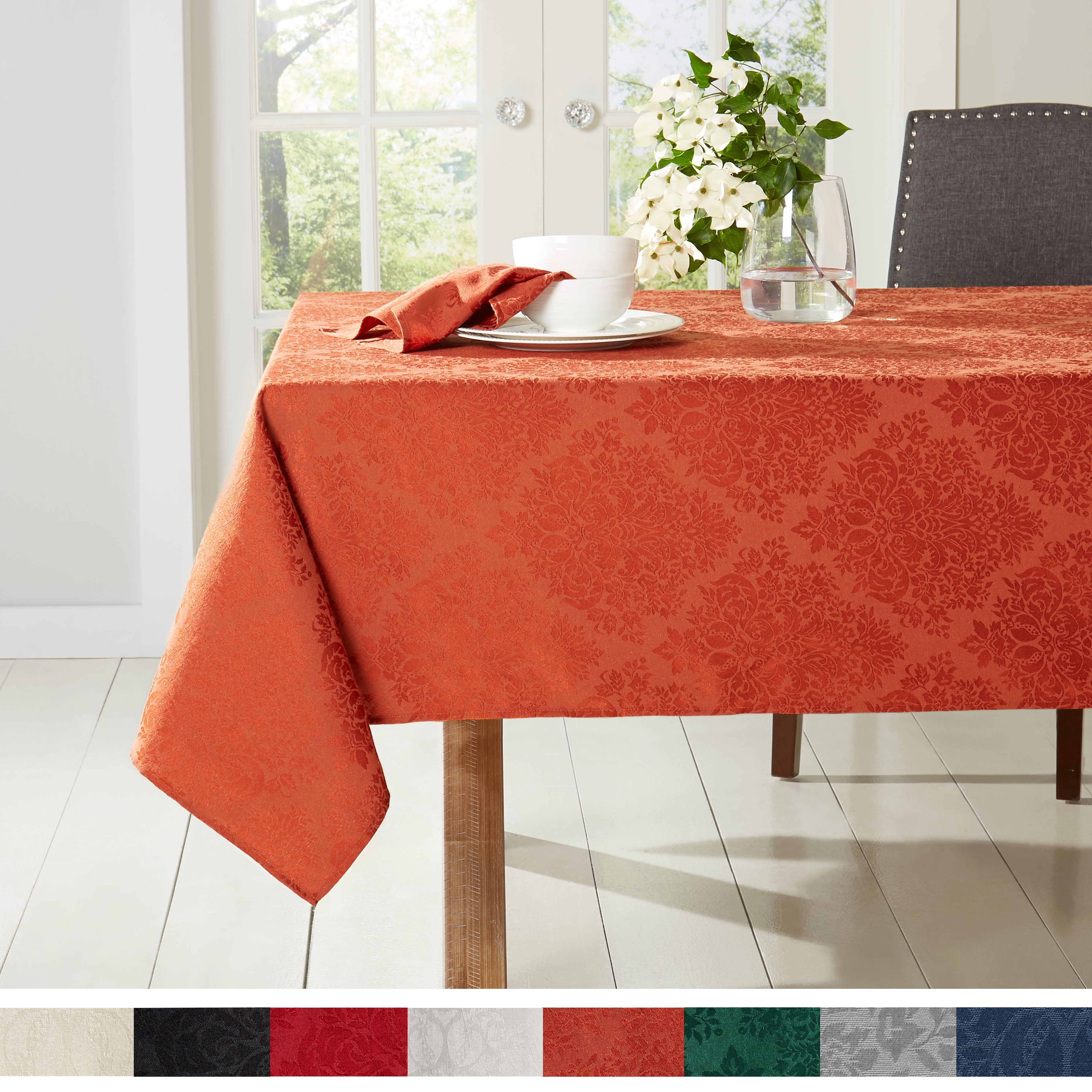 Town & Country Living Lexington Damask Tablecloth-Traditional/Stain Resistant/Machine Washable/Cotton Polyester Blend, 60"x102" Rectangle Red