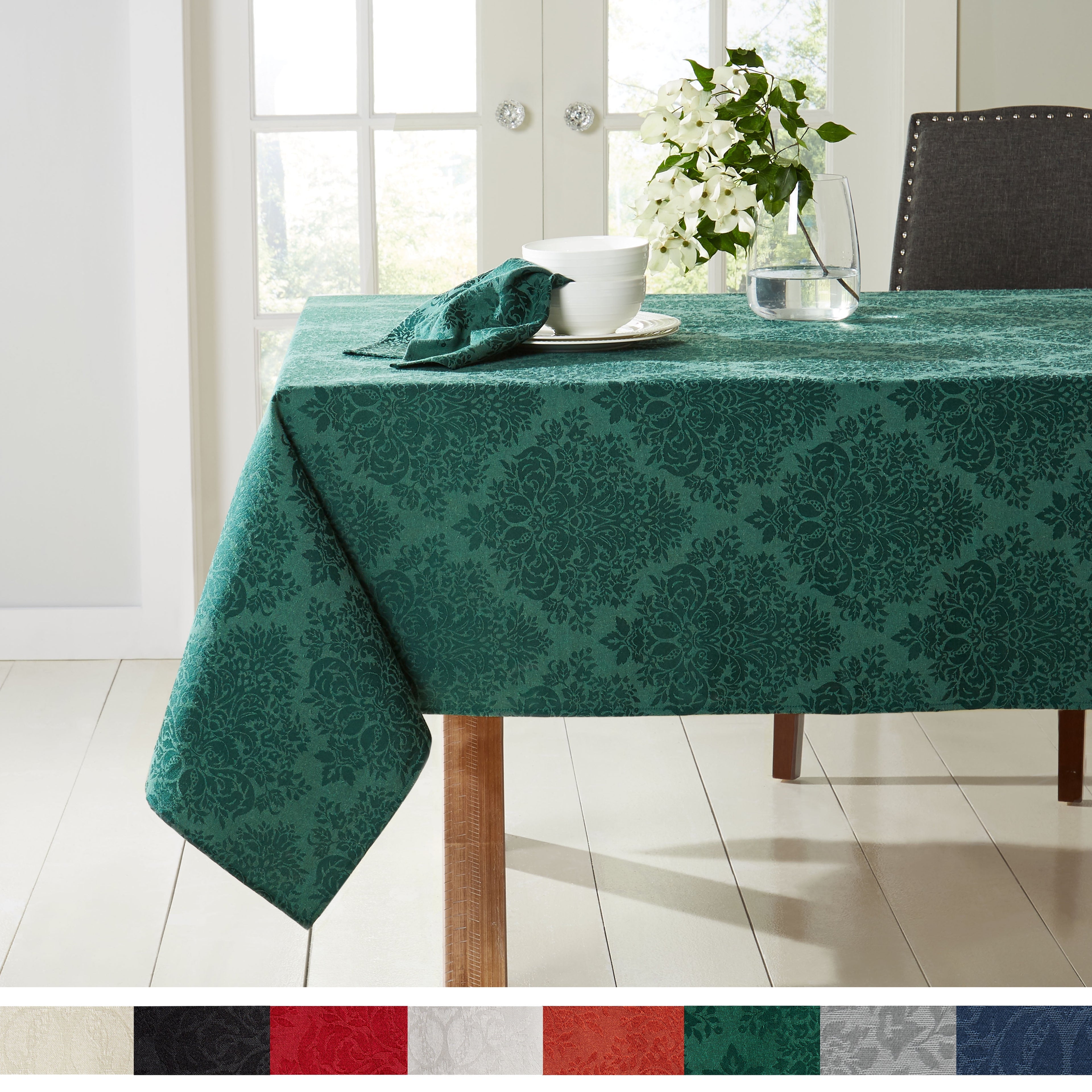 Town & Country Living Lexington Damask Tablecloth-Traditional/Stain Resistant/Machine Washable/Cotton Polyester Blend, 60"x102" Rectangle Red
