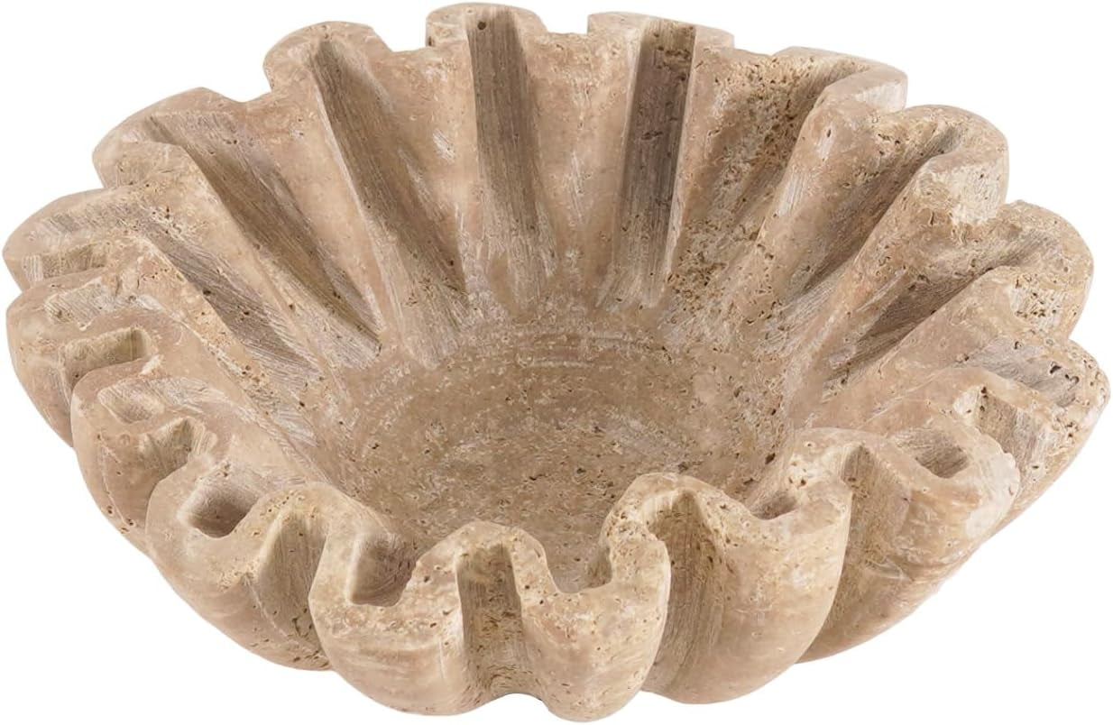 Travertine Ruffle Bowl 6 Inch Handmade Key Bowls for Entryway, Decorative Stone Bowl for Candy, Rings & Jewelry - Coffee Table Centerpiece for Vintage Home & Kitchen Décor