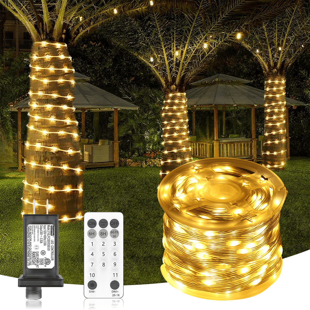 Twinkle Lights for Garden, 206FT 600LED Outdoor String Lights, Plug in, Waterproof, 8 Modes, Timing and Memory, for Party, Festival, Backyard, Christmas Lights - Warm White