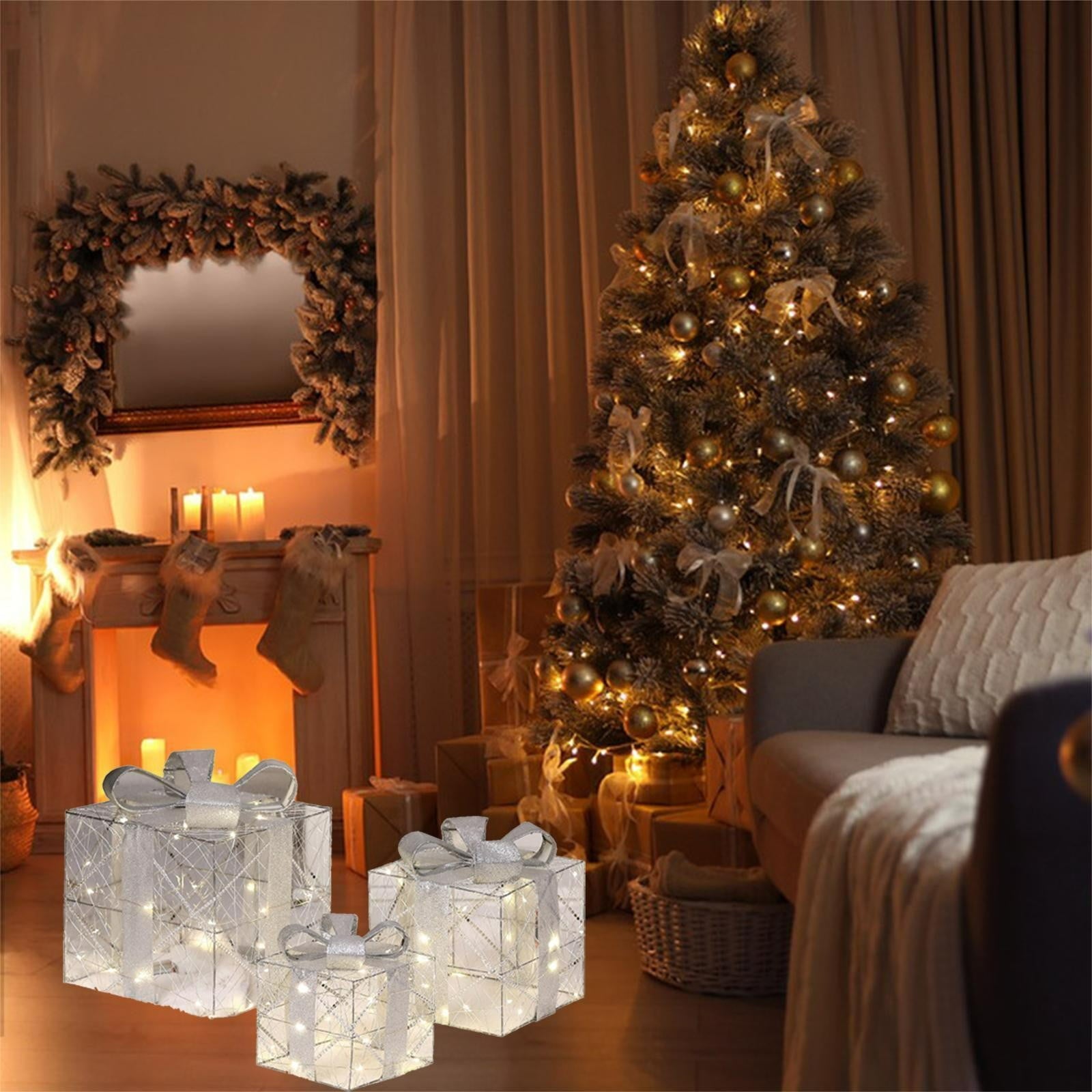 Tyidzon Christmas Lighted Gift Boxes, 3Pcs Christmas Decorations Presents Boxes with Ribbon Bows Christmas Decorations for Xmas Tree, Yard, Home, Indoor Outdoor Holiday Decor