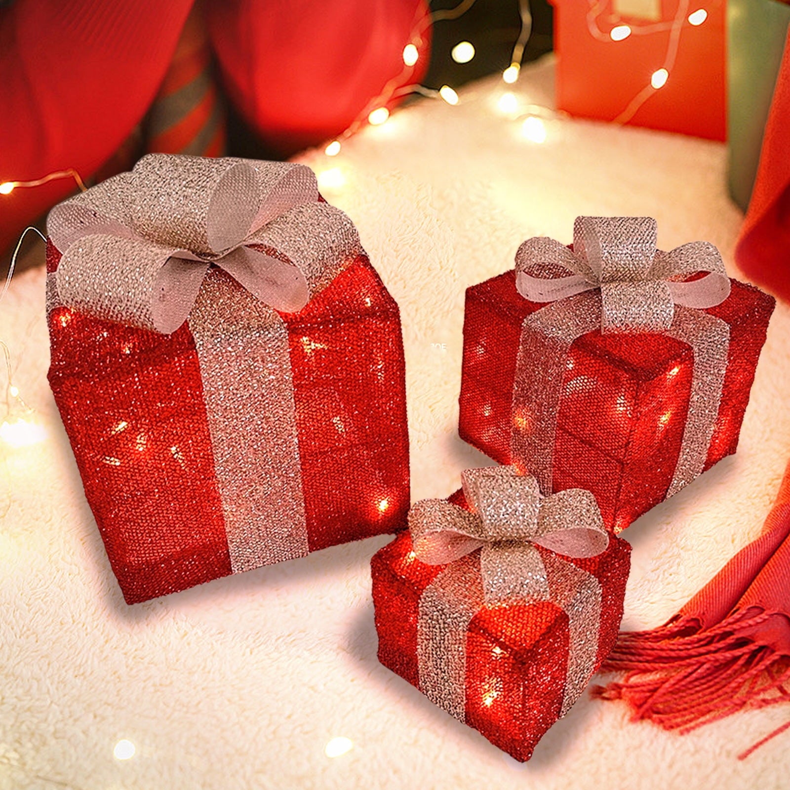 Tyidzon Christmas Lighted Gift Boxes, 3Pcs Christmas Decorations Presents Boxes with Ribbon Bows Christmas Decorations for Xmas Tree, Yard, Home, Indoor Outdoor Holiday Decor