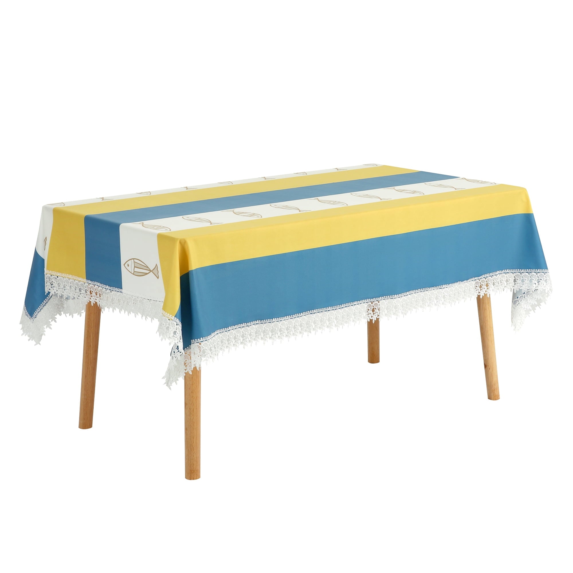 Unique Bargains Lace Rectangle Decor Macrame Polyester Kitchen Party Tablecloth Yellow Blue 59x79 Inch
