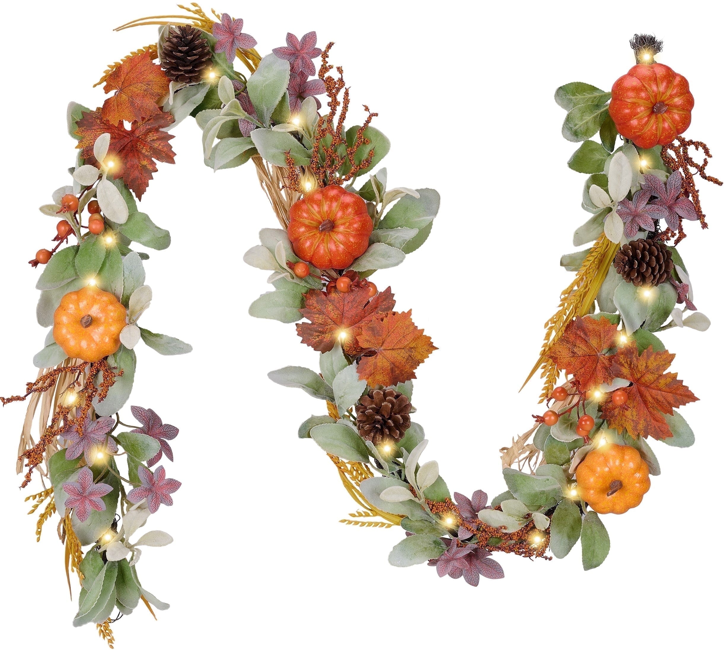 Valery Madelyn 6Ft Pre-Lit Fall Garland Lighted Harvest Garland with Red Orange White Pumpkin & Pine Cone for Thanksgiving Fireplace Farmhouse Front Door Banisters Porch