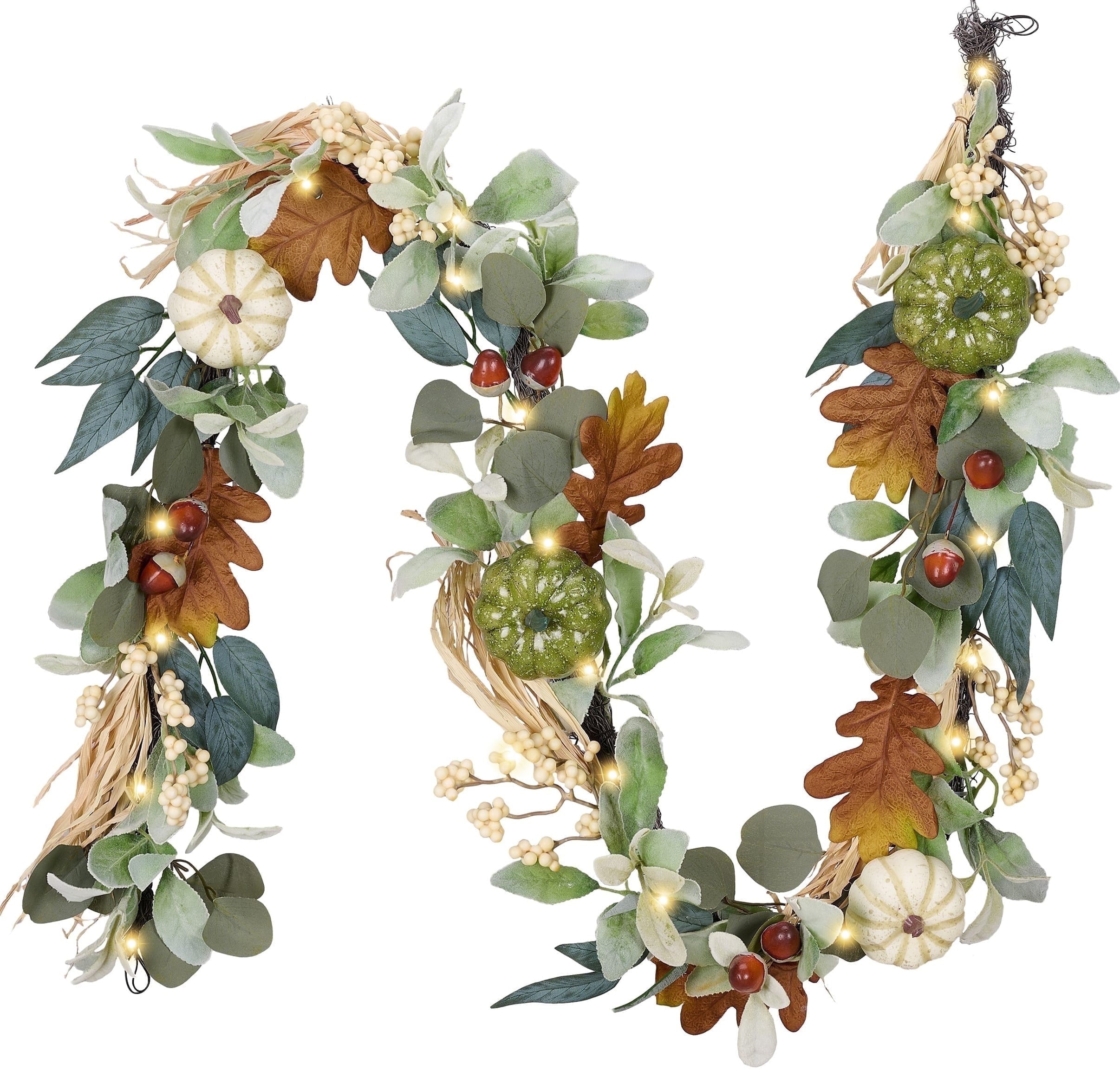 Valery Madelyn 6Ft Pre-Lit Fall Garland Lighted Harvest Garland with Red Orange White Pumpkin & Pine Cone for Thanksgiving Fireplace Farmhouse Front Door Banisters Porch