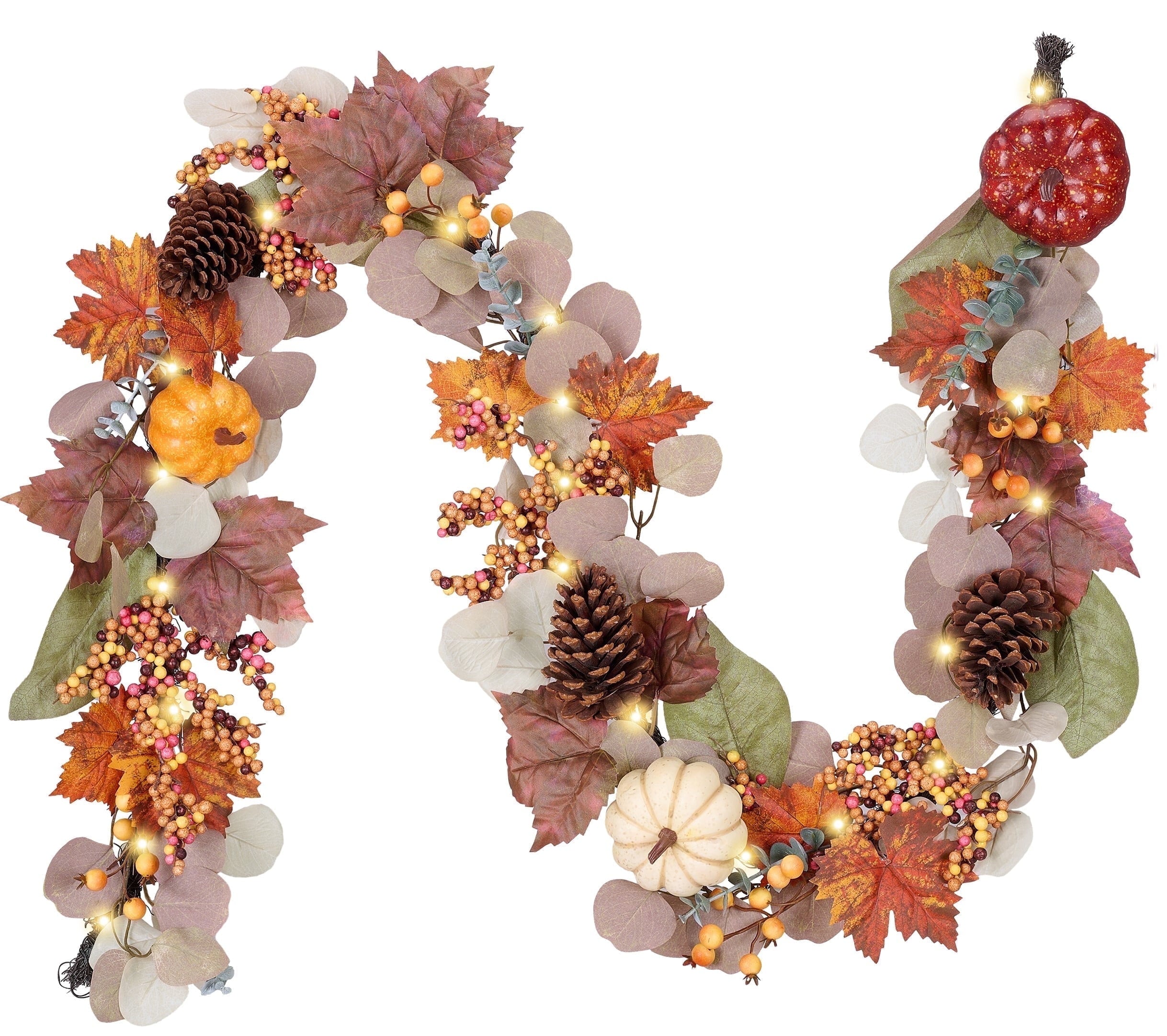 Valery Madelyn 6Ft Pre-Lit Fall Garland Lighted Harvest Garland with Red Orange White Pumpkin & Pine Cone for Thanksgiving Fireplace Farmhouse Front Door Banisters Porch