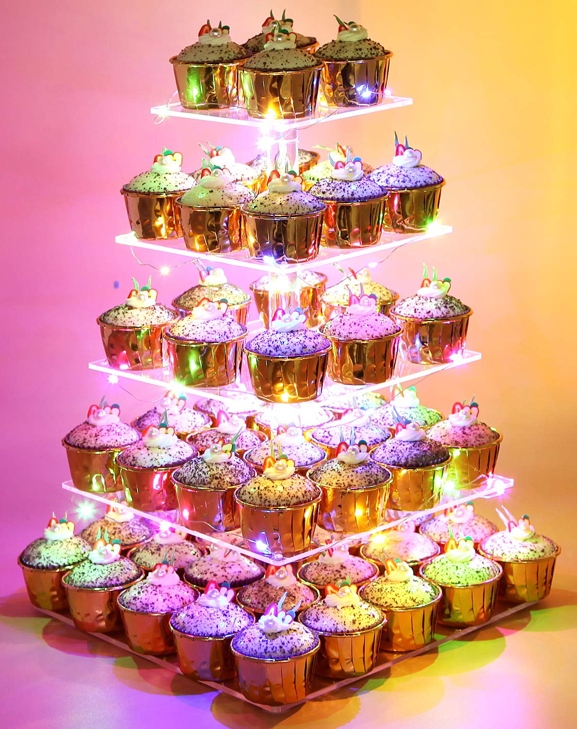 Vdomus 5-Tier Acrylic Cupcake Tower with LED Lights - Cupcake Holder and Display Stand for Weddings, Birthdays, and Parties