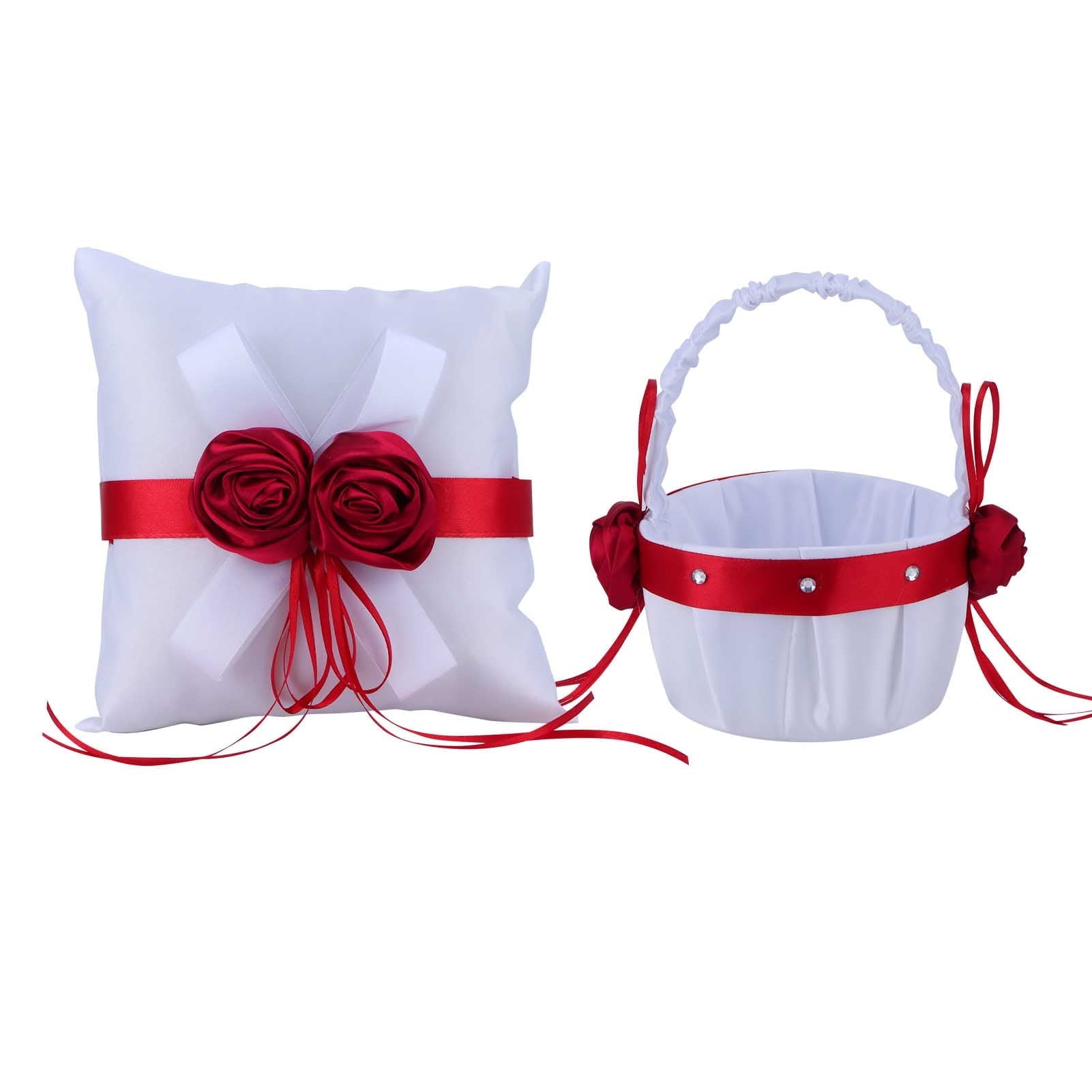 Verdant Touch Ring Pillow Set Wedding Hand Basket Set Flower Basket and Ring Bearer Pillow Cushion for Wedding