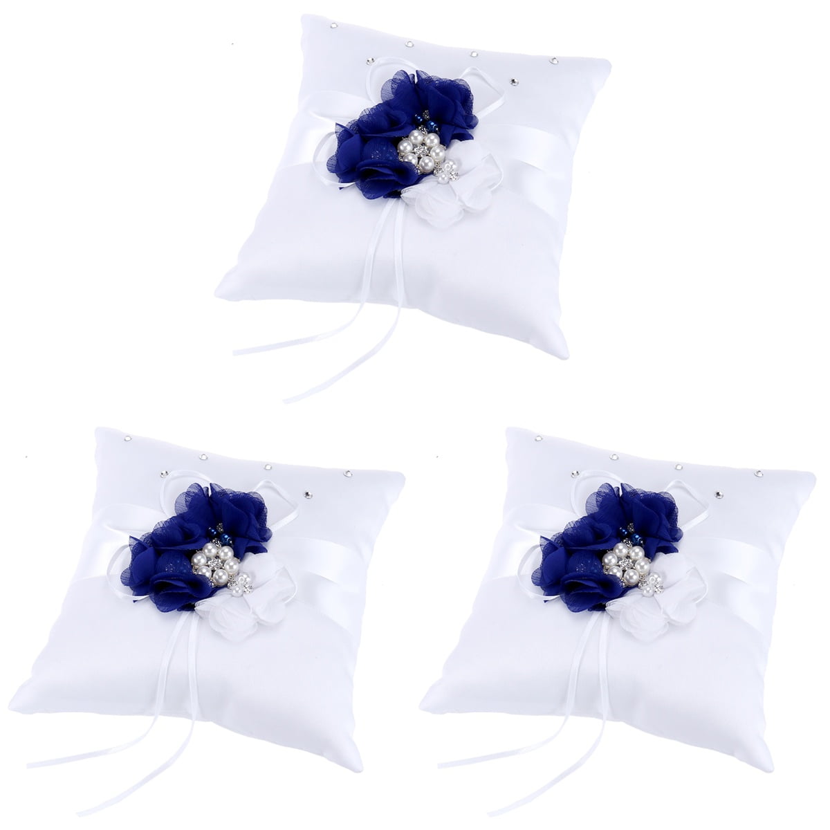 WORGEOUS 3pcs 20*20cm Embellished Wedding Ring Pillow Cushion Pearl Flower Decorated Ring Bearer Pillow (Blue & White Flower)