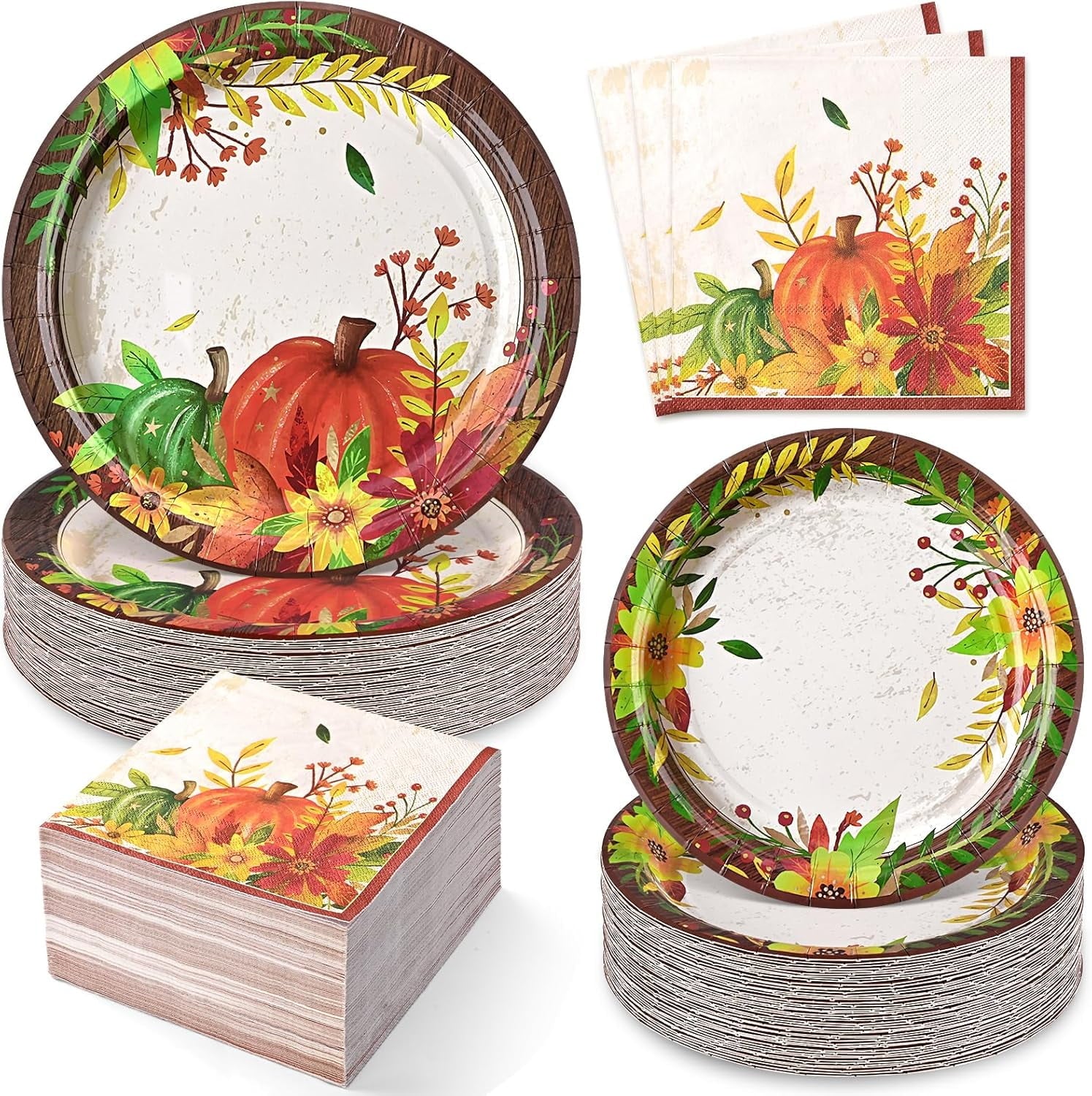 Waipfaru 200 Pcs Fall Paper Plates and Napkins Set, Serves 50,Heavy Duty Disposable Dinnerware for Harvest Thanksgiving Party Supplies
