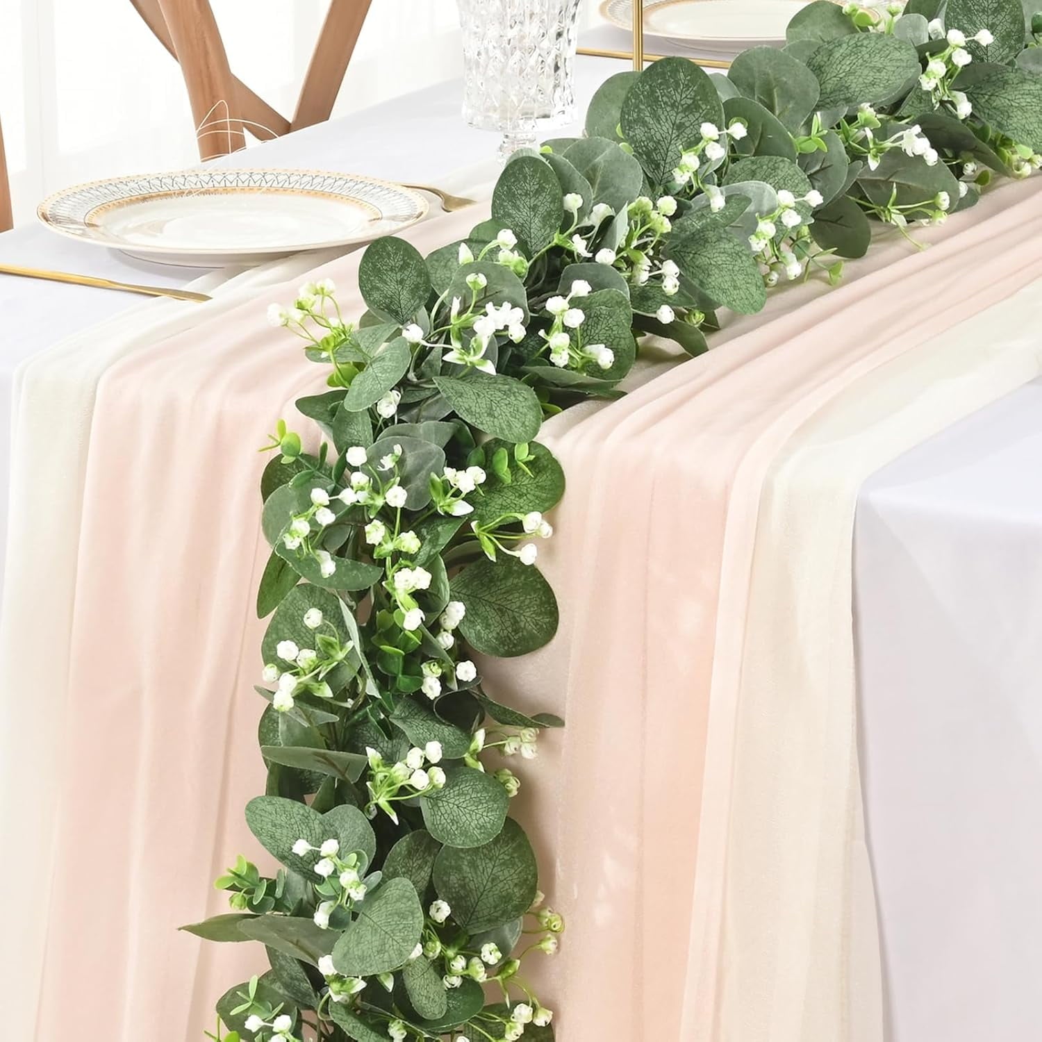 Waipfaru 4 Pack Eucalyptus Garland with Flowers,6FT Greenery Garland Decor,Artificial Eucalyptus Leaves Vines for Table Home Wedding Mantle Decoration