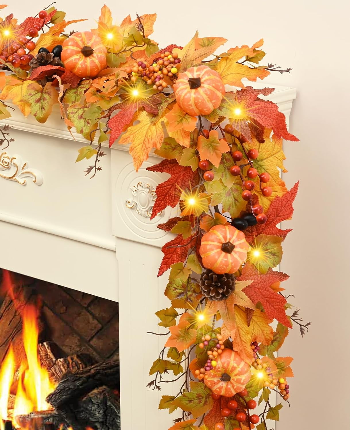 Waipfaru 6ft Fall Garland for Mantle, Lighted Fall Leaves Garland with Pumpkins Maple Leaves Pine Cones for Home Thanksgiving Fall Decoration
