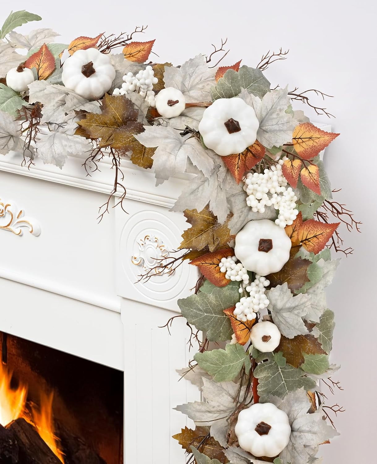 Waipfaru 6ft Fall Garland for Mantle, Lighted Fall Leaves Garland with Pumpkins Maple Leaves Pine Cones for Home Thanksgiving Fall Decoration