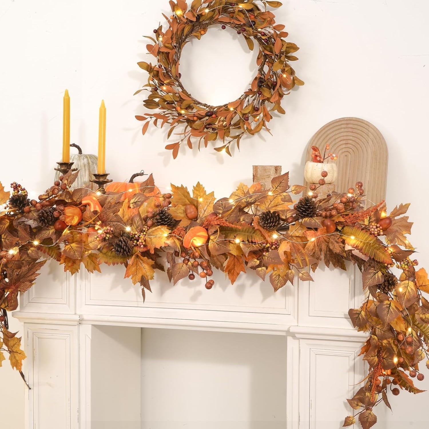 Waipfaru 6ft Fall Garland for Mantle, Lighted Fall Leaves Garland with Pumpkins Maple Leaves Pine Cones for Home Thanksgiving Fall Decoration