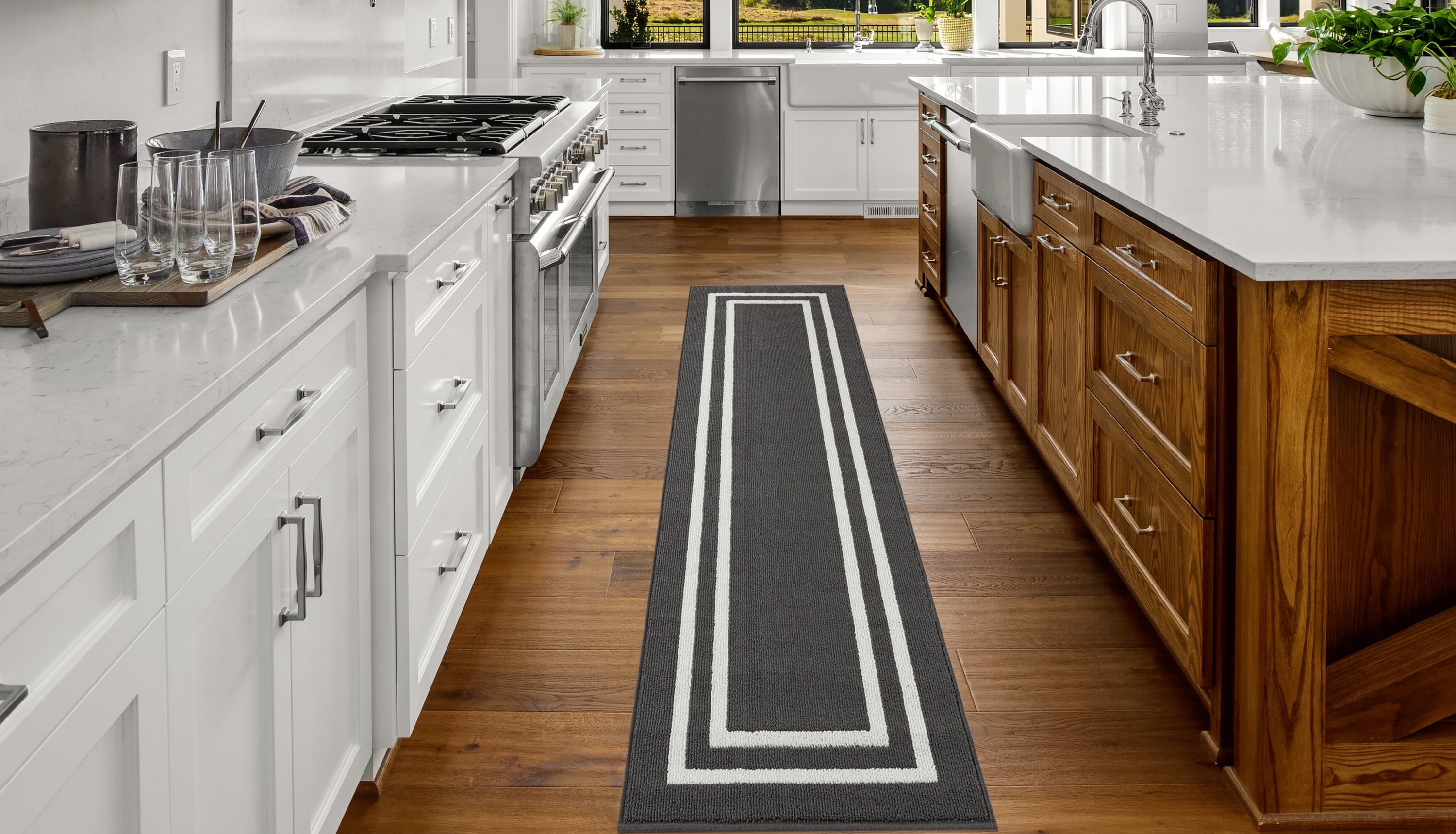 Washable Skid-Resistant Runner Rug, Border, Dark Grey and White, 26" x 96"