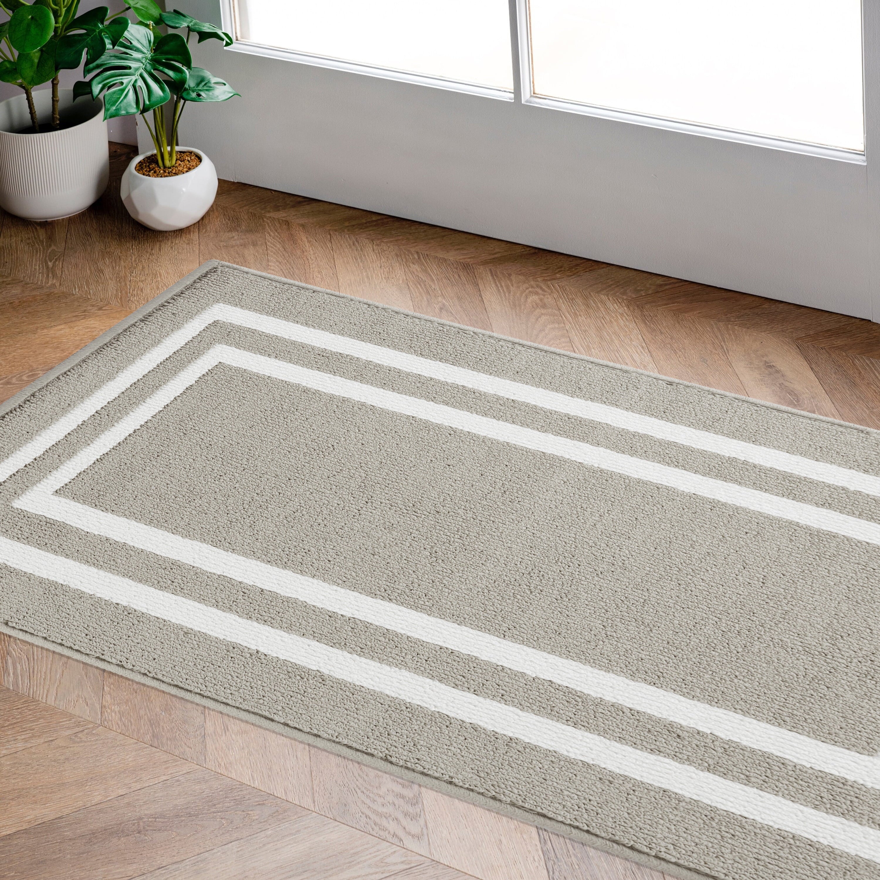 Washable Skid-Resistant Runner Rug, Border, Dark Grey and White, 26" x 96"
