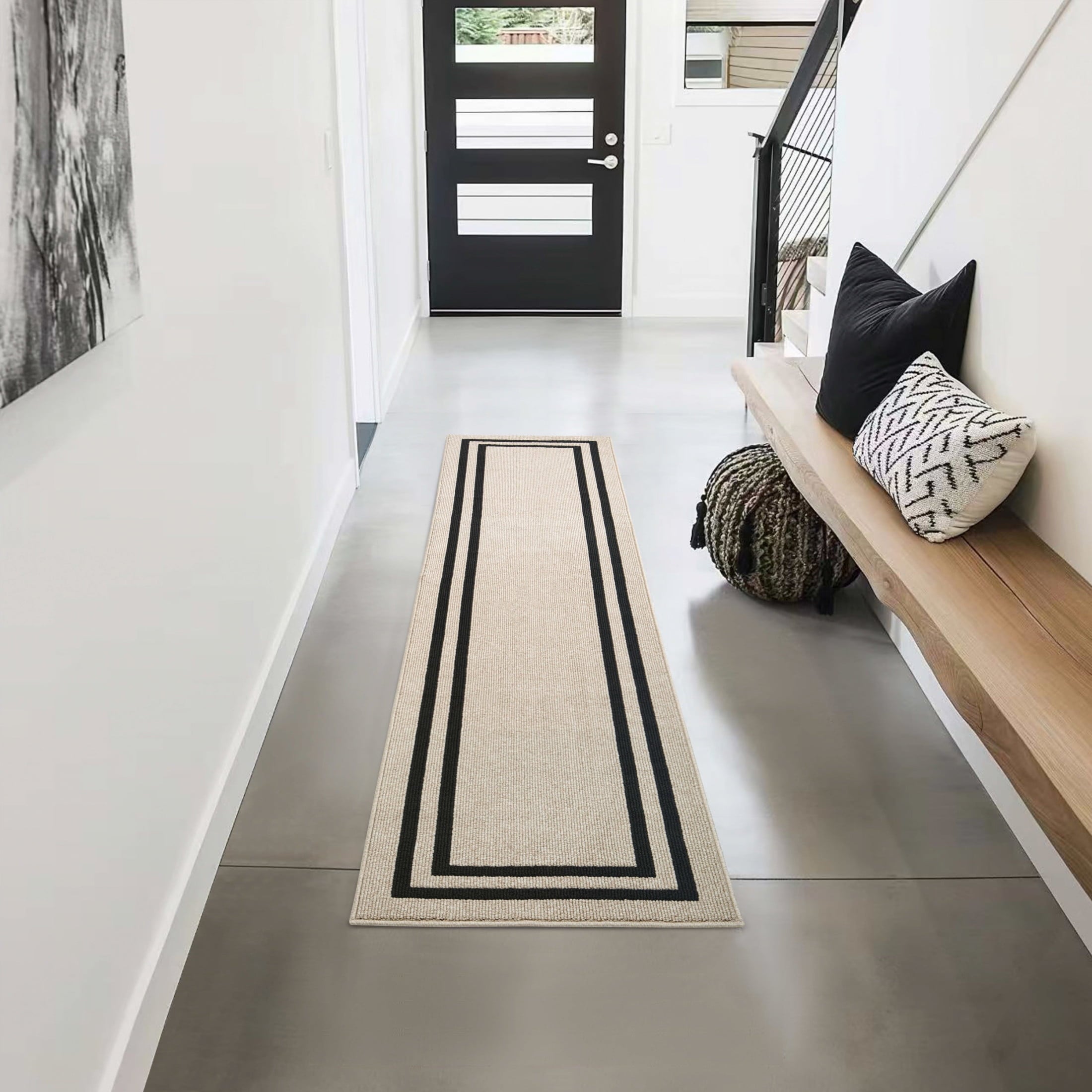 Washable Skid-Resistant Runner Rug, Border, Dark Grey and White, 26" x 96"