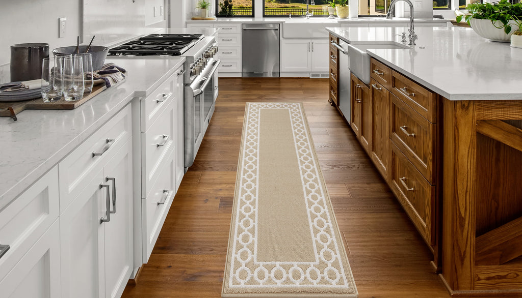 Washable Skid-Resistant Runner Rug, Trellis Border, Beige and White, 26" x 96"