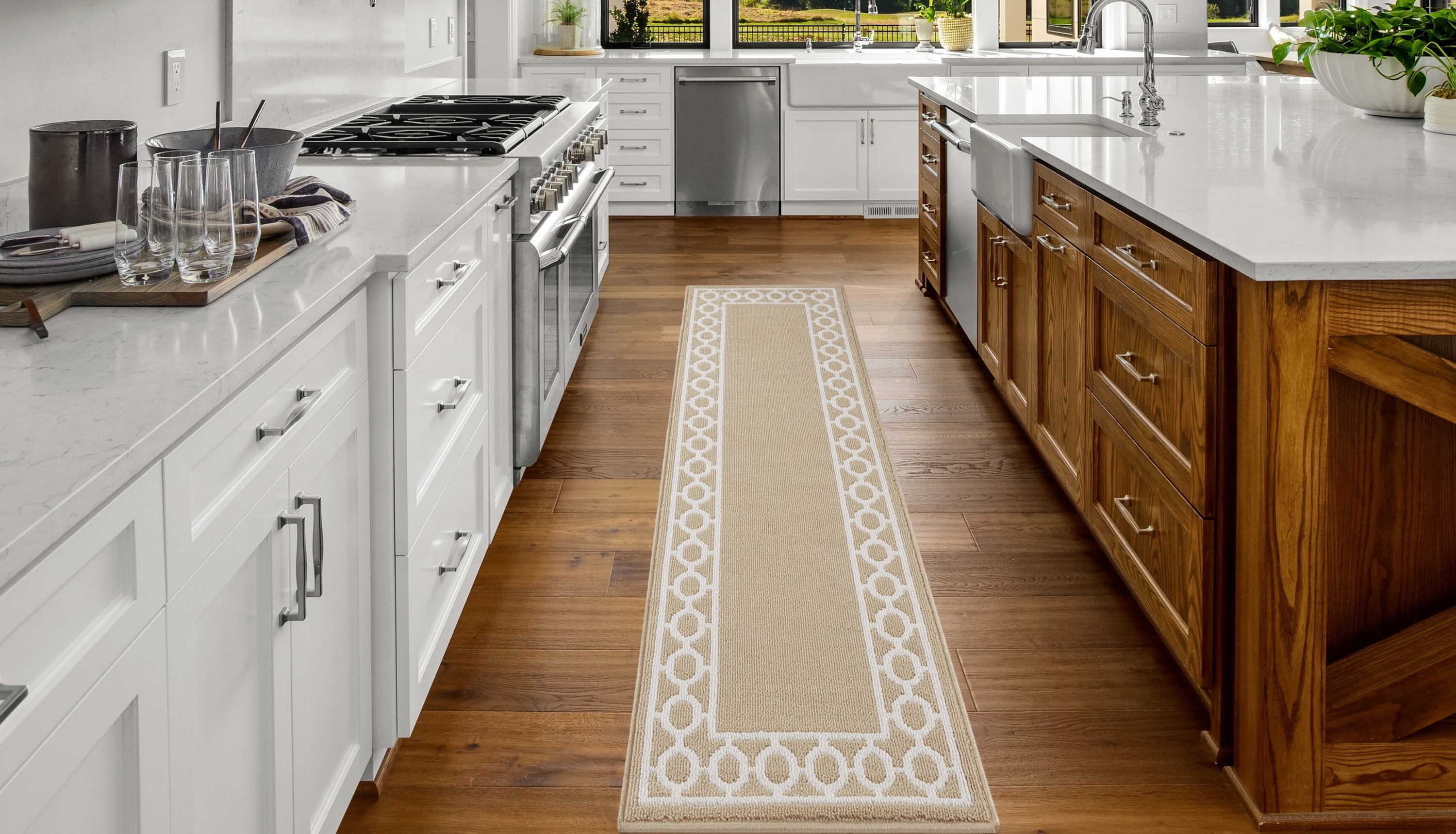 Washable Skid-Resistant Runner Rug, Trellis Border, Beige and White, 26" x 96"