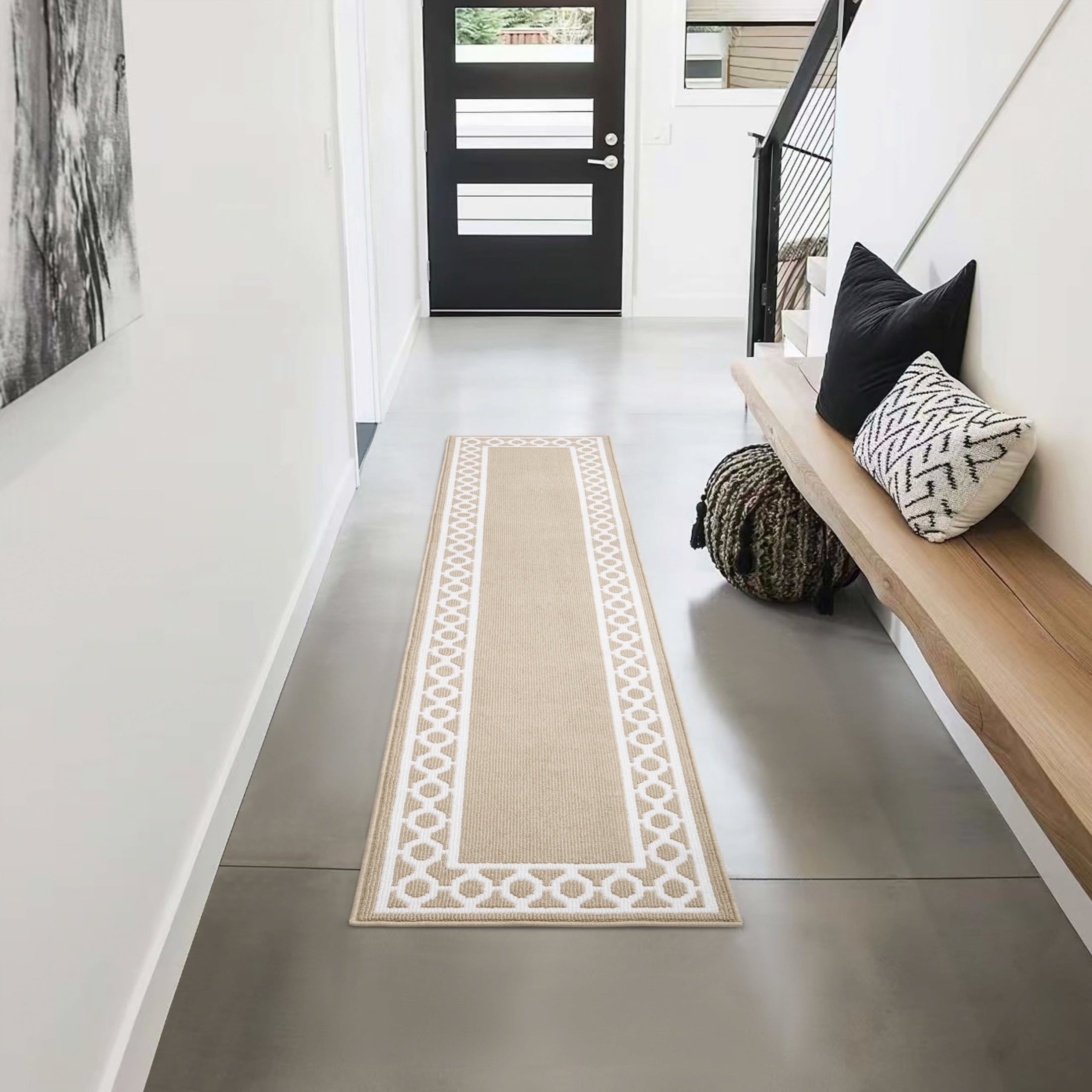 Washable Skid-Resistant Runner Rug, Trellis Border , Denim Twist and Light Grey , 26" x 45"