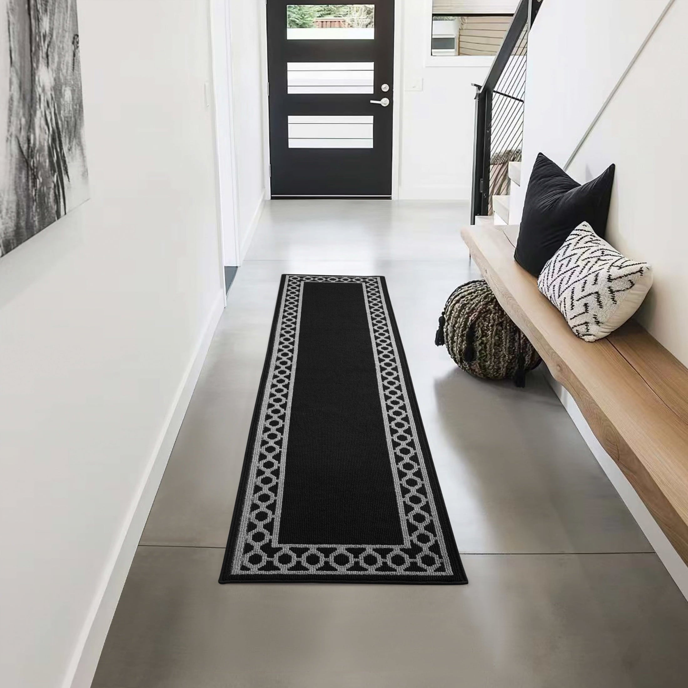 Washable Skid-Resistant Runner Rug, Trellis Border, Beige and White, 26" x 96"