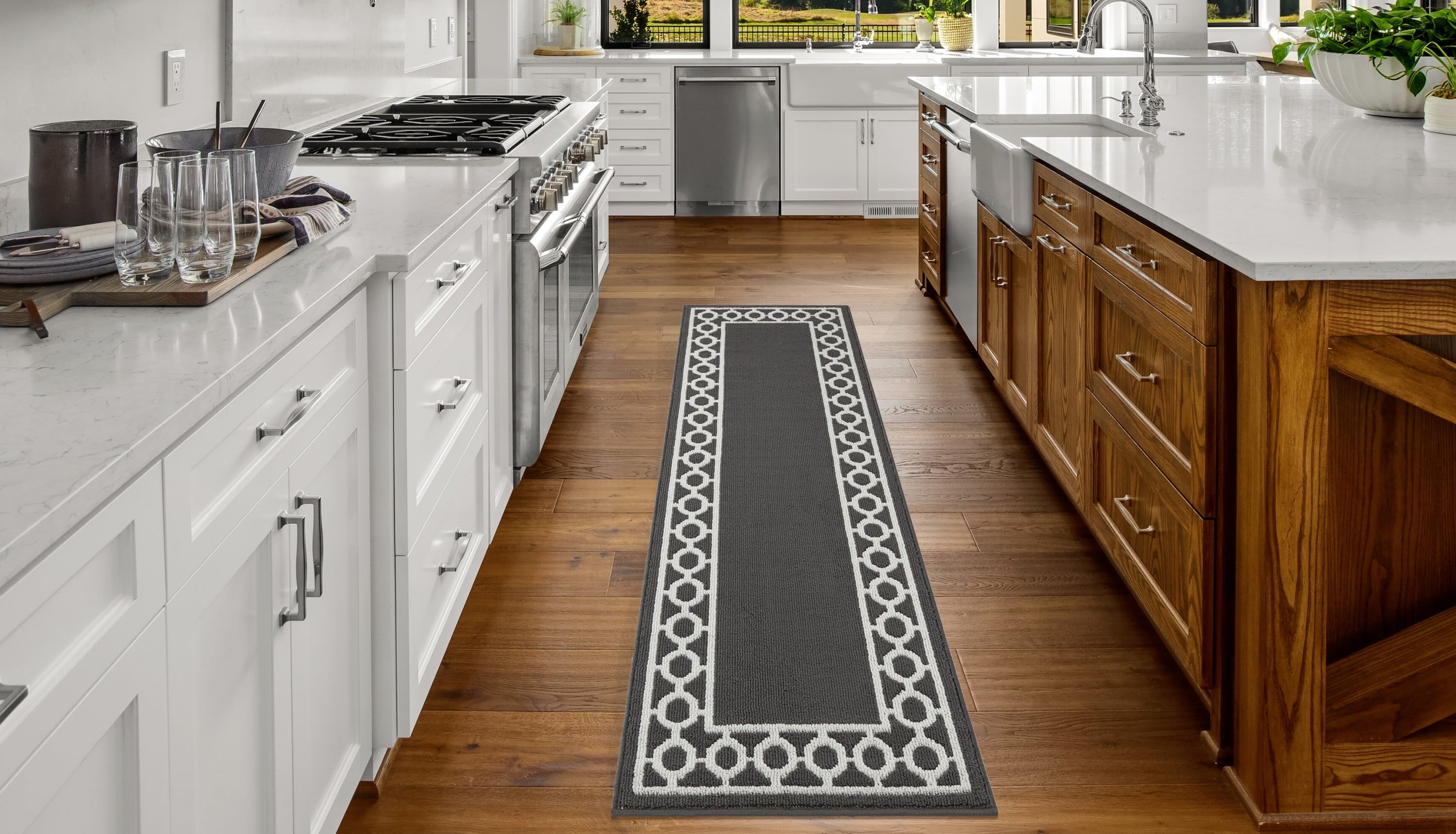 Washable Skid-Resistant Runner Rug, Trellis Border, Beige and White, 26" x 96"