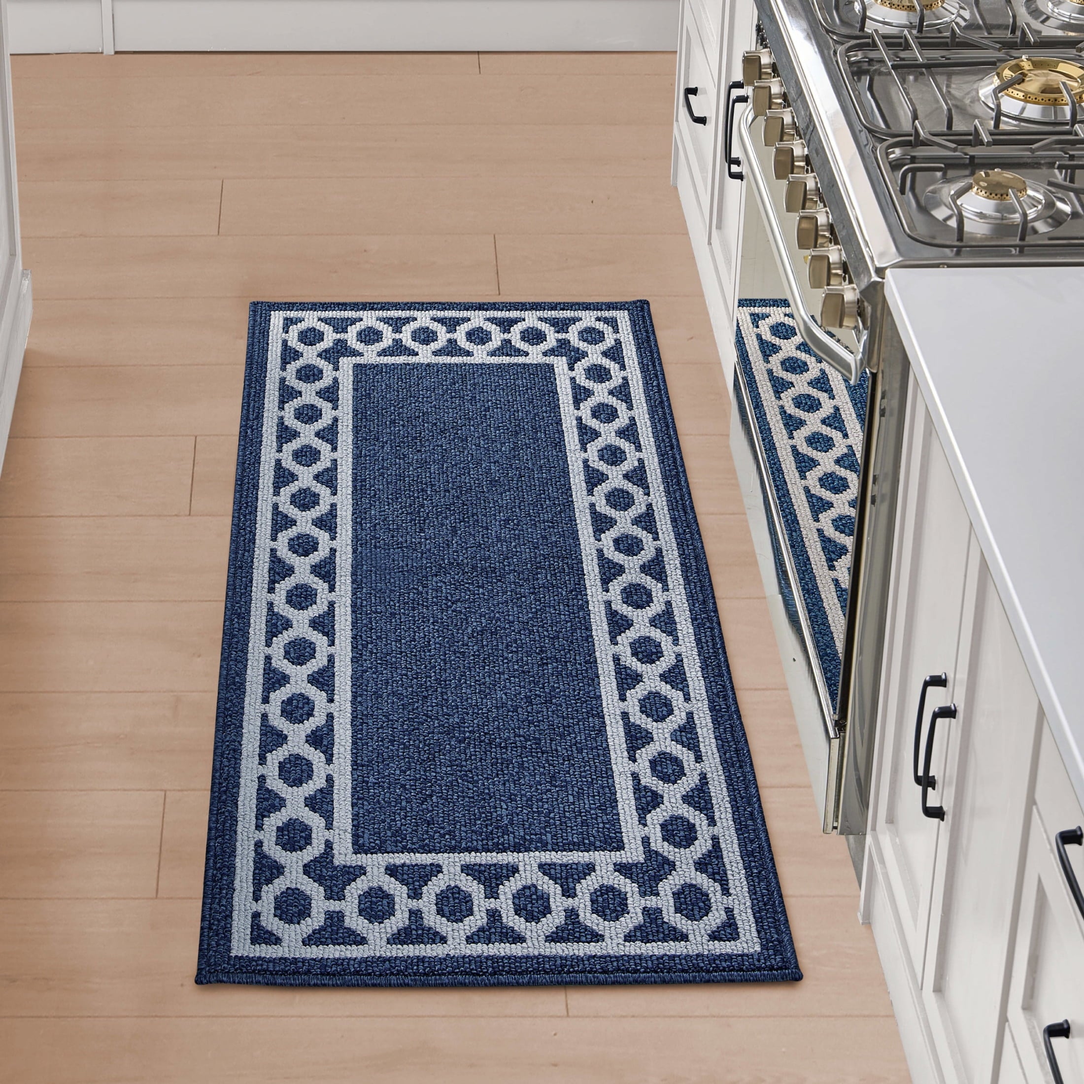 Washable Skid-Resistant Runner Rug, Trellis Border, Beige and White, 26" x 96"