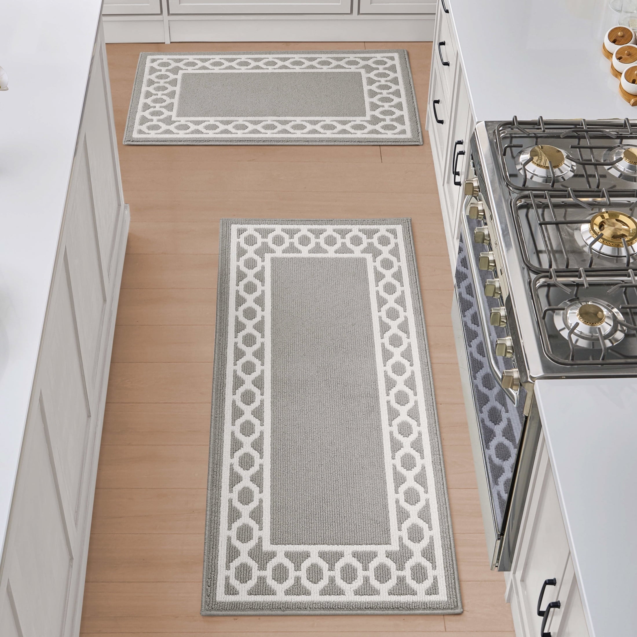 Washable Skid-Resistant Runner Rug, Trellis Border, Beige and White, 26" x 96"