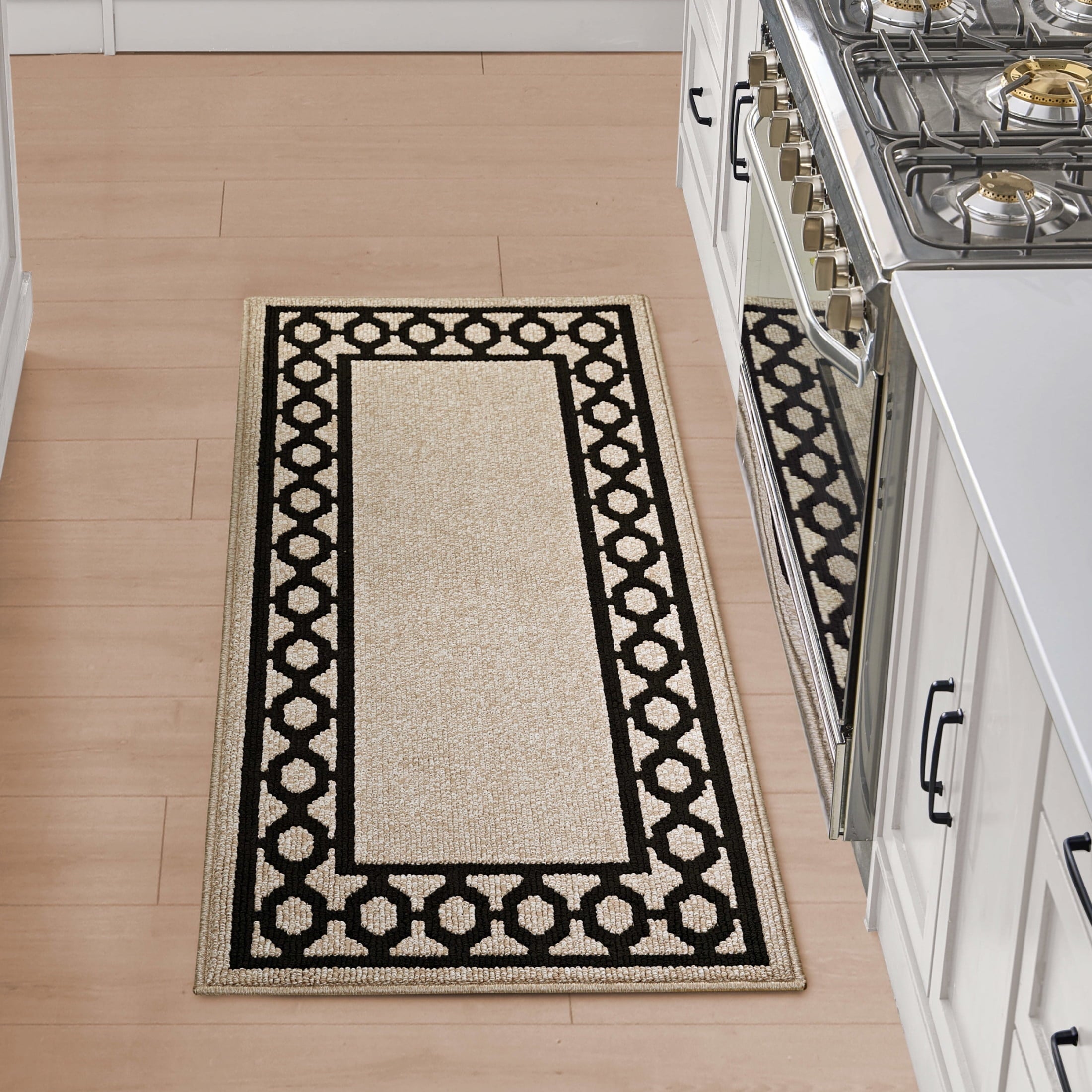 Washable Skid-Resistant Runner Rug, Trellis Border , Denim Twist and Light Grey , 26" x 45"