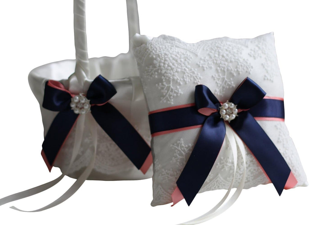 Wedding Flower Girl Basket & Ring Bearer Pillow Set by  Emotions (Coral Navy)