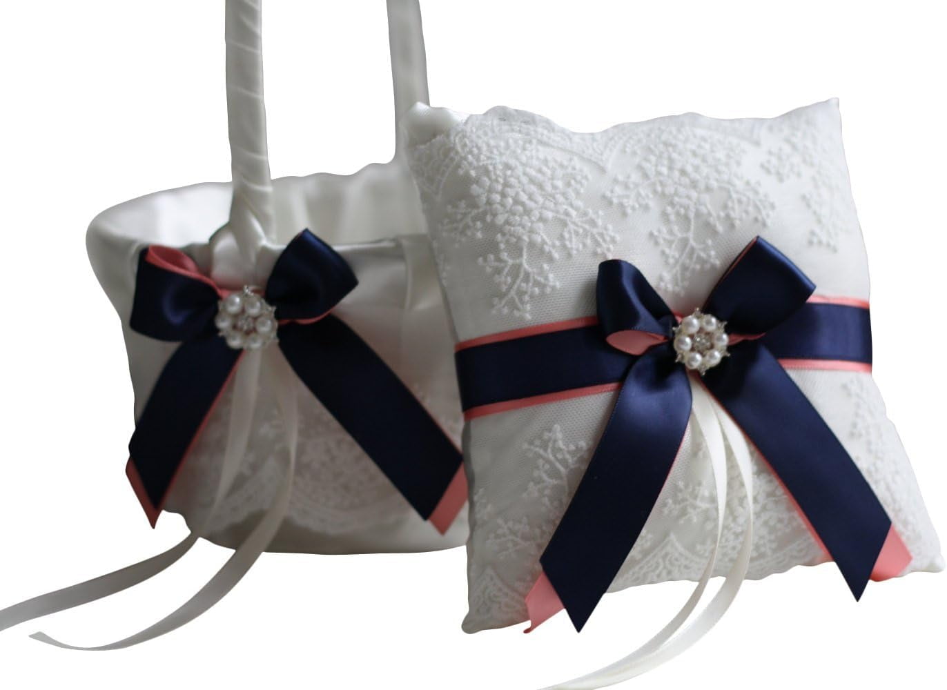 Wedding Flower Girl Basket & Ring Bearer Pillow Set by  Emotions (Coral Navy)