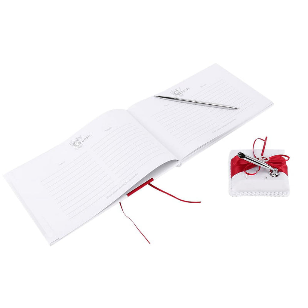 Wedding Guest Book With Pen Holder Sets Satin Bows Signature Book With Diamonds Love Shape For Decorations-Red+White