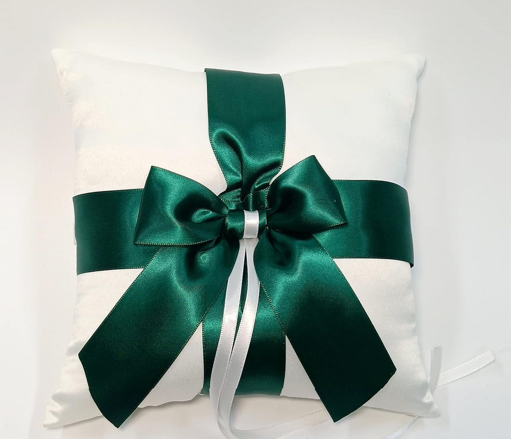 Wedding Ring Pillow, Ring Bearer Pillow, Champagne Ring Bearer Cushion with Green Ribbon for Wedding Party (White) White 18*18