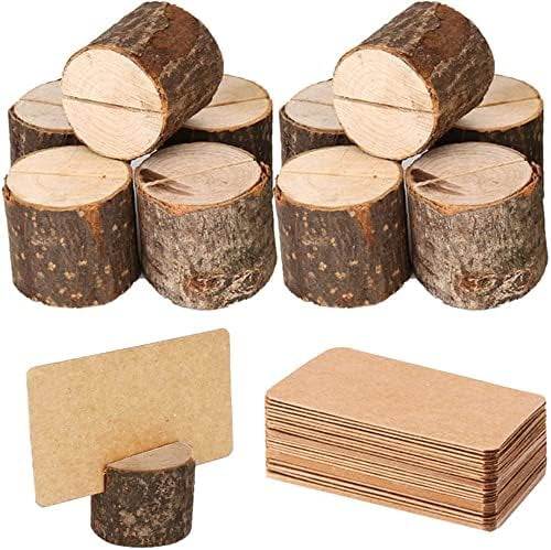 Wood Place Card Holders, 10Pcs Premium Rustic Table Number Holders and 20Pcs Kraft Table Place Cards, Wood Photo Holders,  for Wedding Party Table Name and More