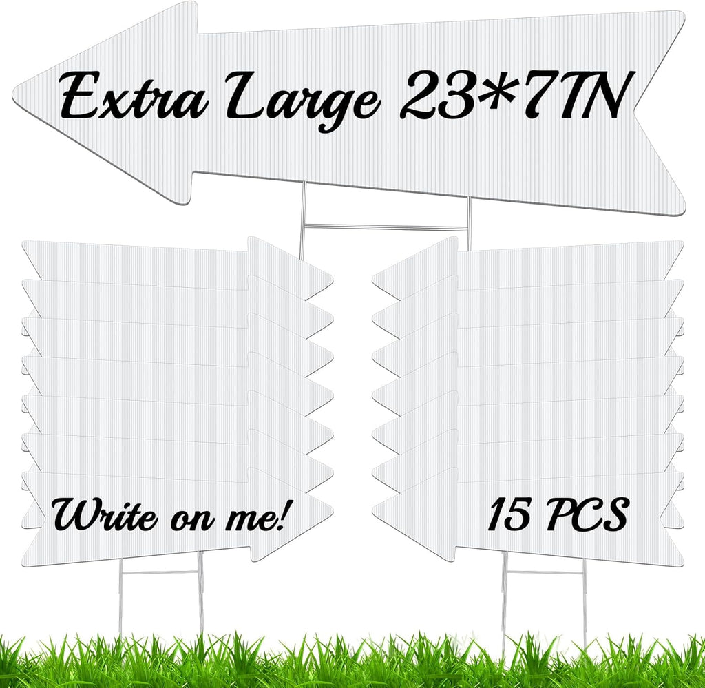 XD5-15 Pack White Blank Arrow Signs with Stakes 23 x 7 Inches Yard Sales Signs Wedding Directional Signs This Way Yard Sale for Signs Ceremony and Reception Wedding Birthday Party-5