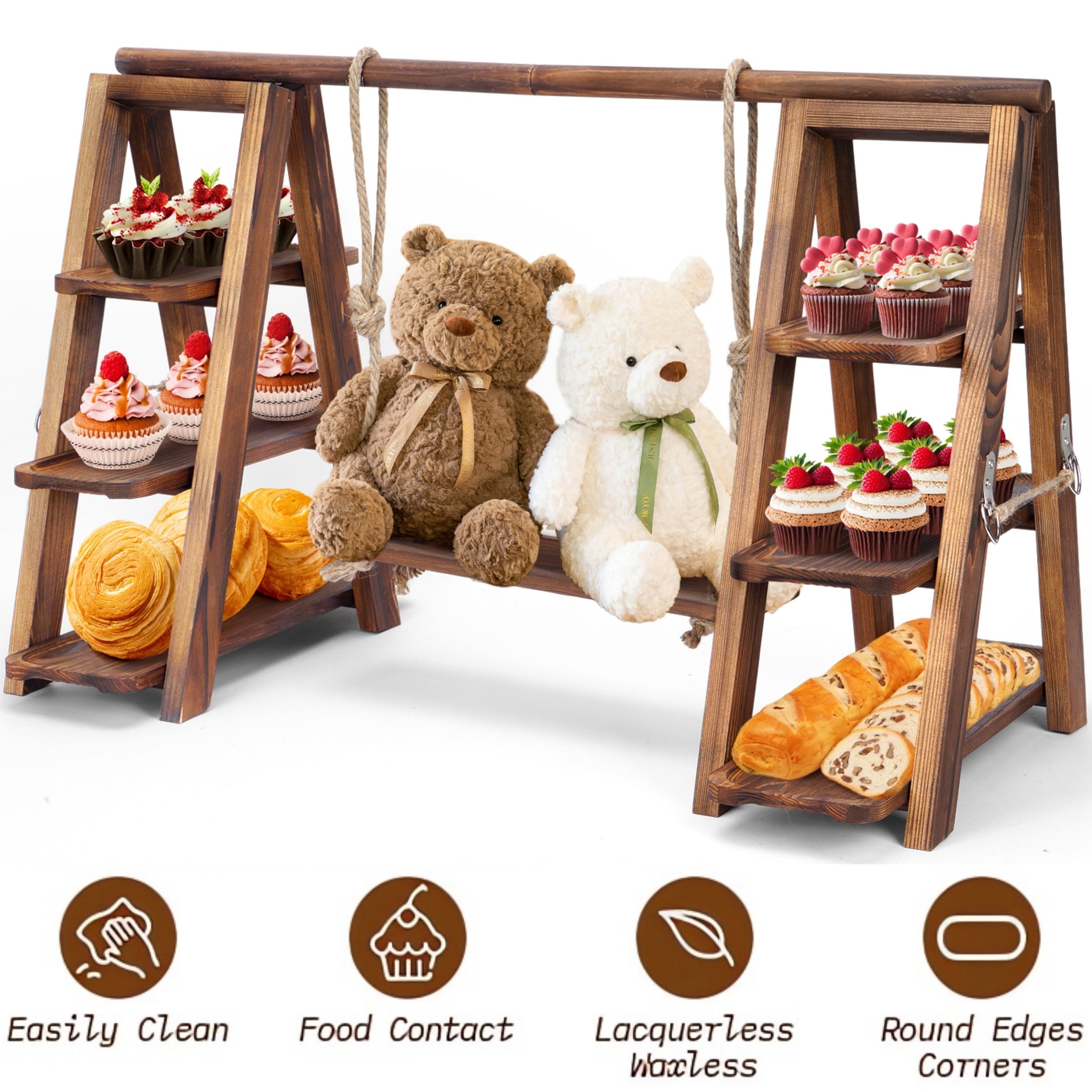 Ymokee Double 3 Tier Serving Tray, Wooden Cupcake Stand with Serving Platter, Dessert Table Display Set for Party Home Decor, Foldable