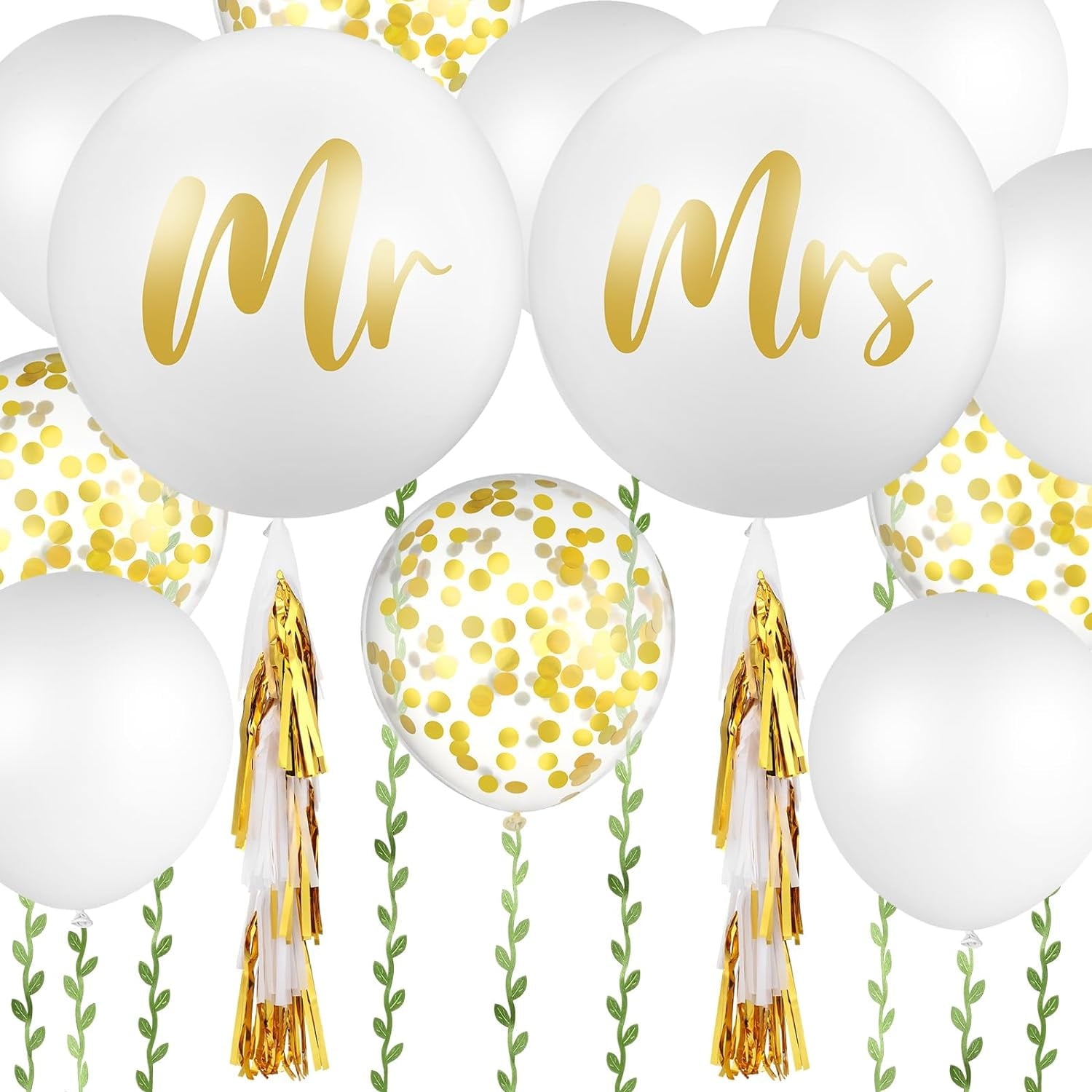 Zaoz 15 Pcs Giant Wedding Balloons Kit 36 Inch Jumbo White Balloons Mr. Mrs. Balloons with Paper Tassel 24 Inch White Large Balloons with 65ft Leaf Ribbon for Wedding Engagement A418