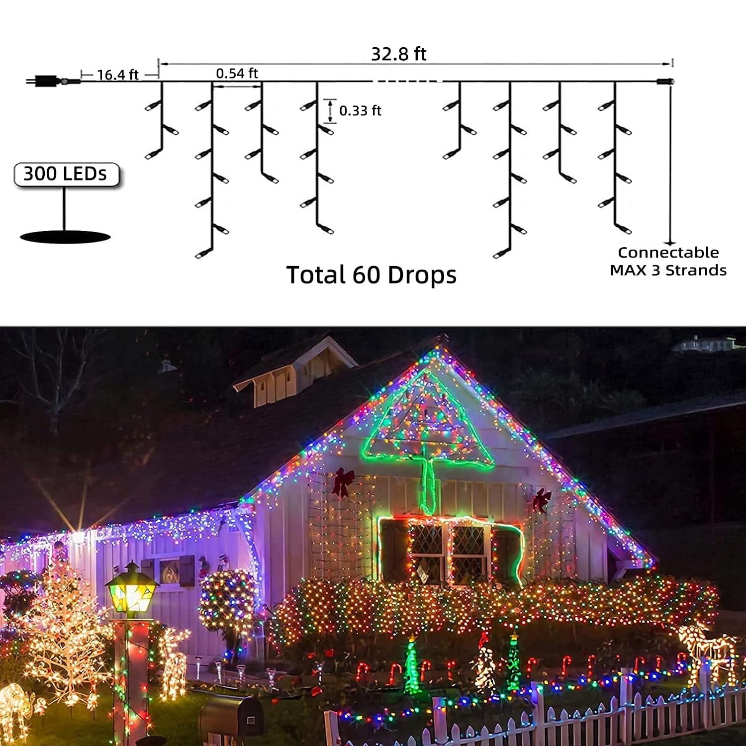 Zizin 32.8FT 300LED Christmas Lights Outdoor Decorations String Decor Wedding Party festival Multicolor