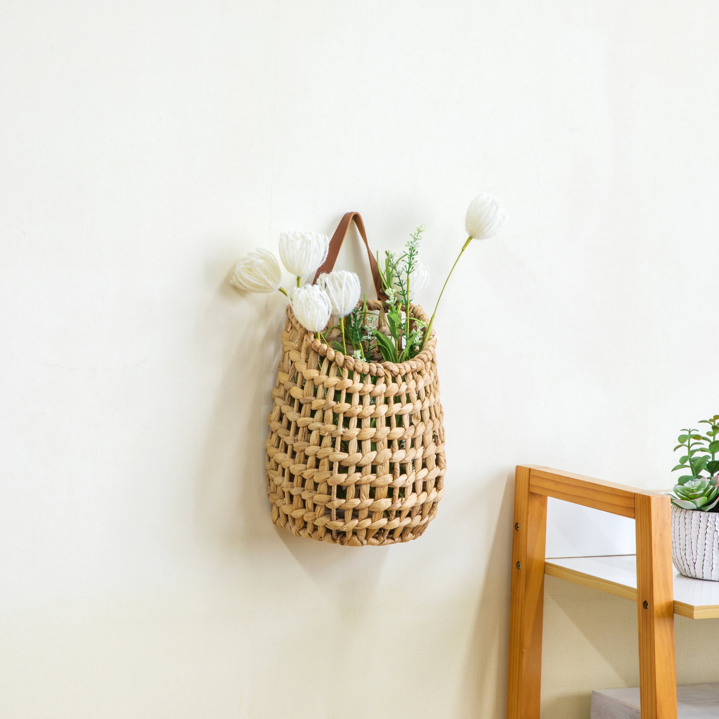 (2 pack) Better Homes & Gardens Water Hyacinth Hanging Basket with Faux Leather Strap