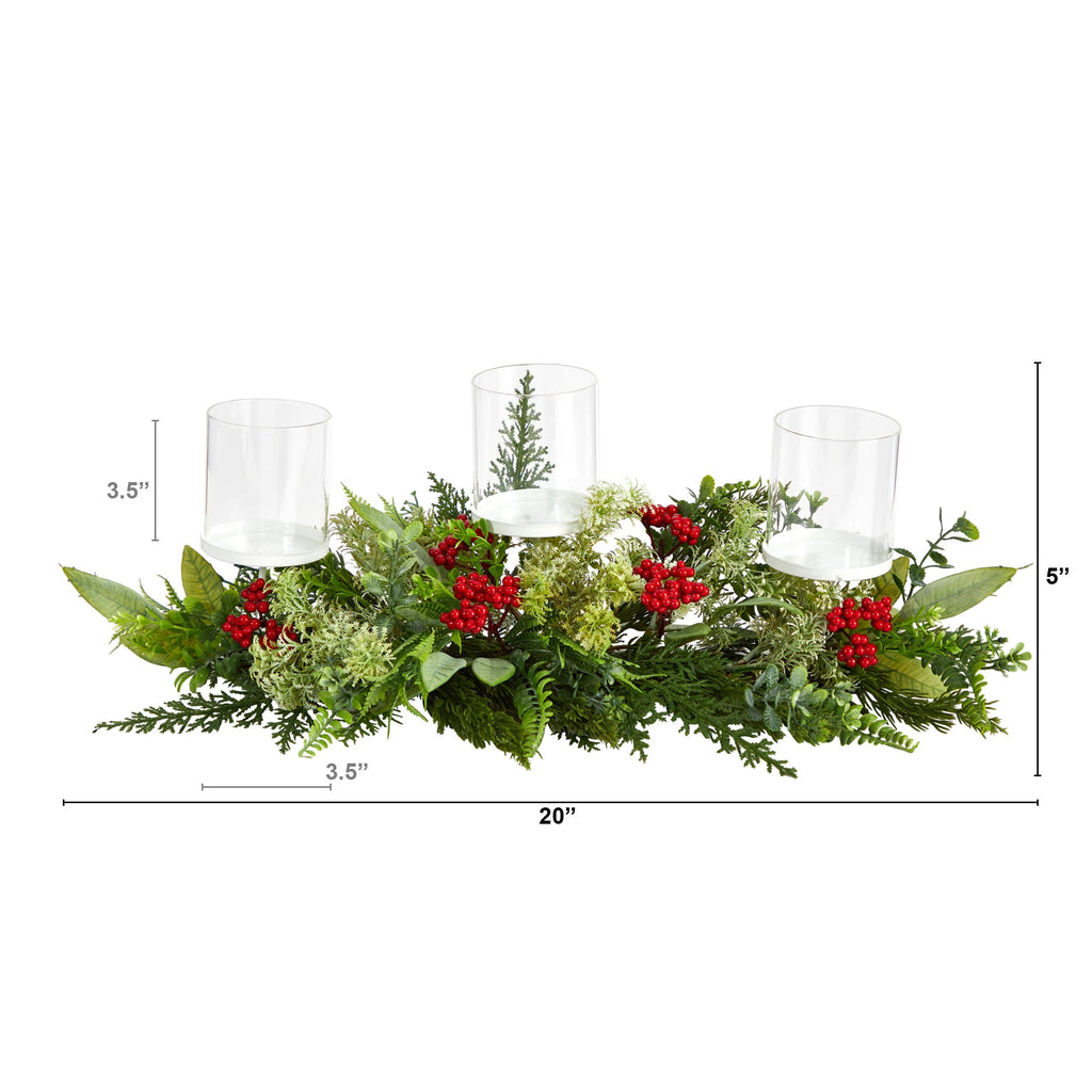 Nearly Natural 20" Holiday Winter Greenery and Berries Triple Candle Holder Artificial Christmas Table Arrangement