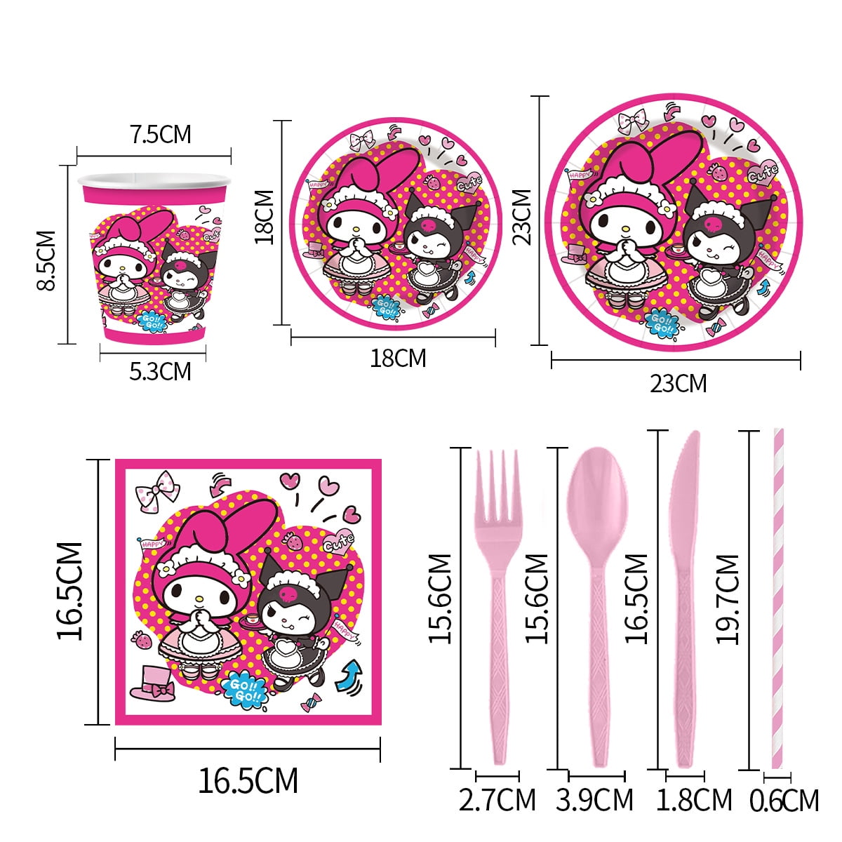 Kuromi-Melody 80/90 PCS Party Supplies, Party Tableware, Disposable Paper Plates- Napkins-Forks Dinnerware Set