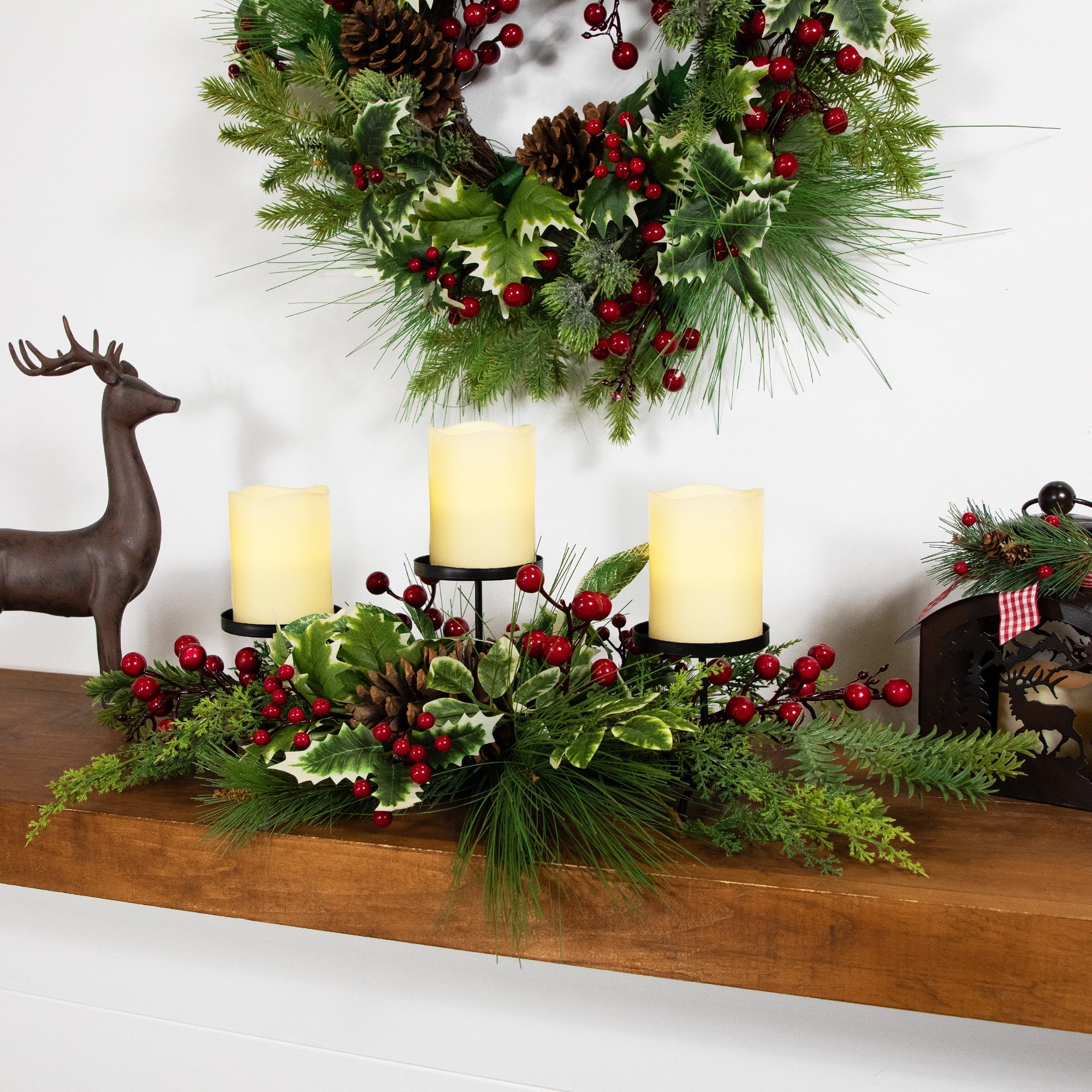 Northlight Holly and Berries Christmas Pillar Candle Holder with Pine Cones - 28"
