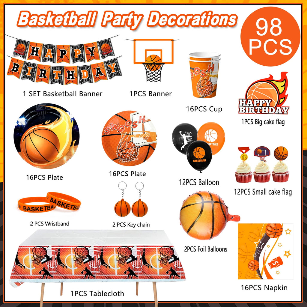 Basketball Birthday Decorations, Basketball Party Decorations&Tableware Set-Basketball Plates Napkins Table Cloth Balloon Wristband Keychain etc Basketball Birthday Party Supplies