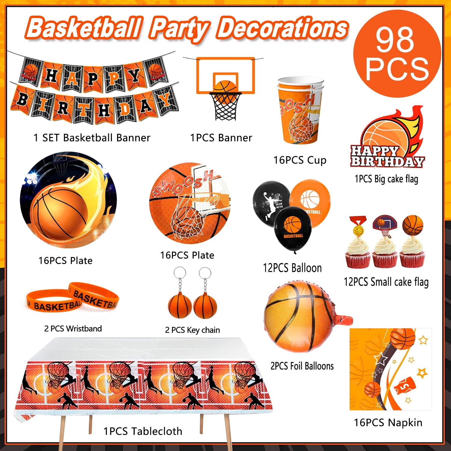 Basketball Birthday Decorations, Basketball Party Decorations&Tableware Set-Basketball Plates Napkins Table Cloth Balloon Wristband Keychain etc Basketball Birthday Party Supplies