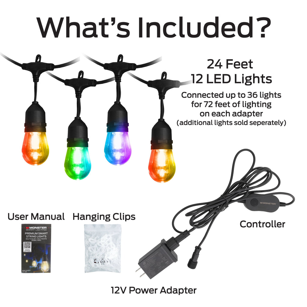 Monster Smart String Lights, Sound Reactive Outdoor String Lights w/ Voice Control, 24ft (12 Lights)