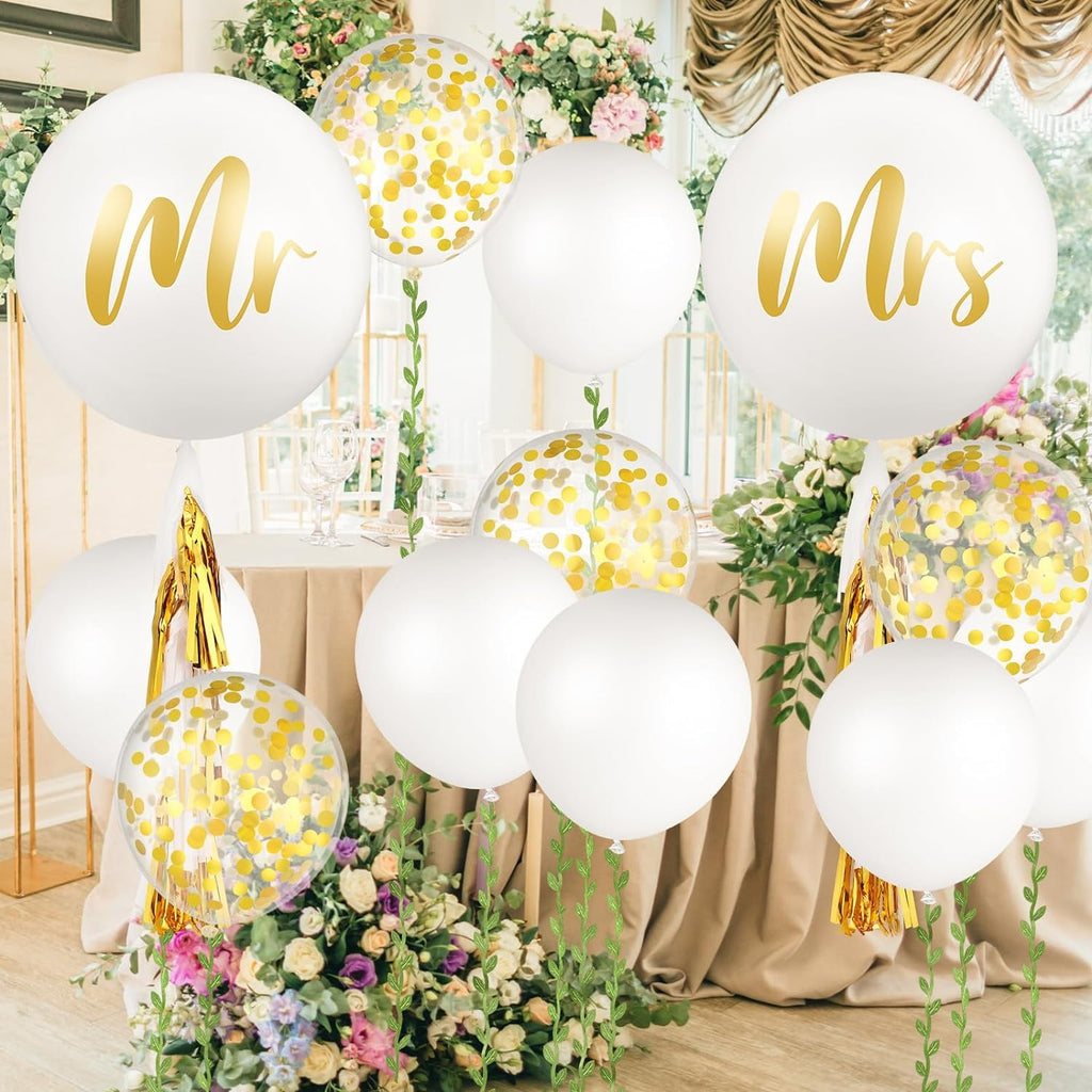 Zaoz 15 Pcs Giant Wedding Balloons Kit 36 Inch Jumbo White Balloons Mr. Mrs. Balloons with Paper Tassel 24 Inch White Large Balloons with 65ft Leaf Ribbon for Wedding Engagement A418